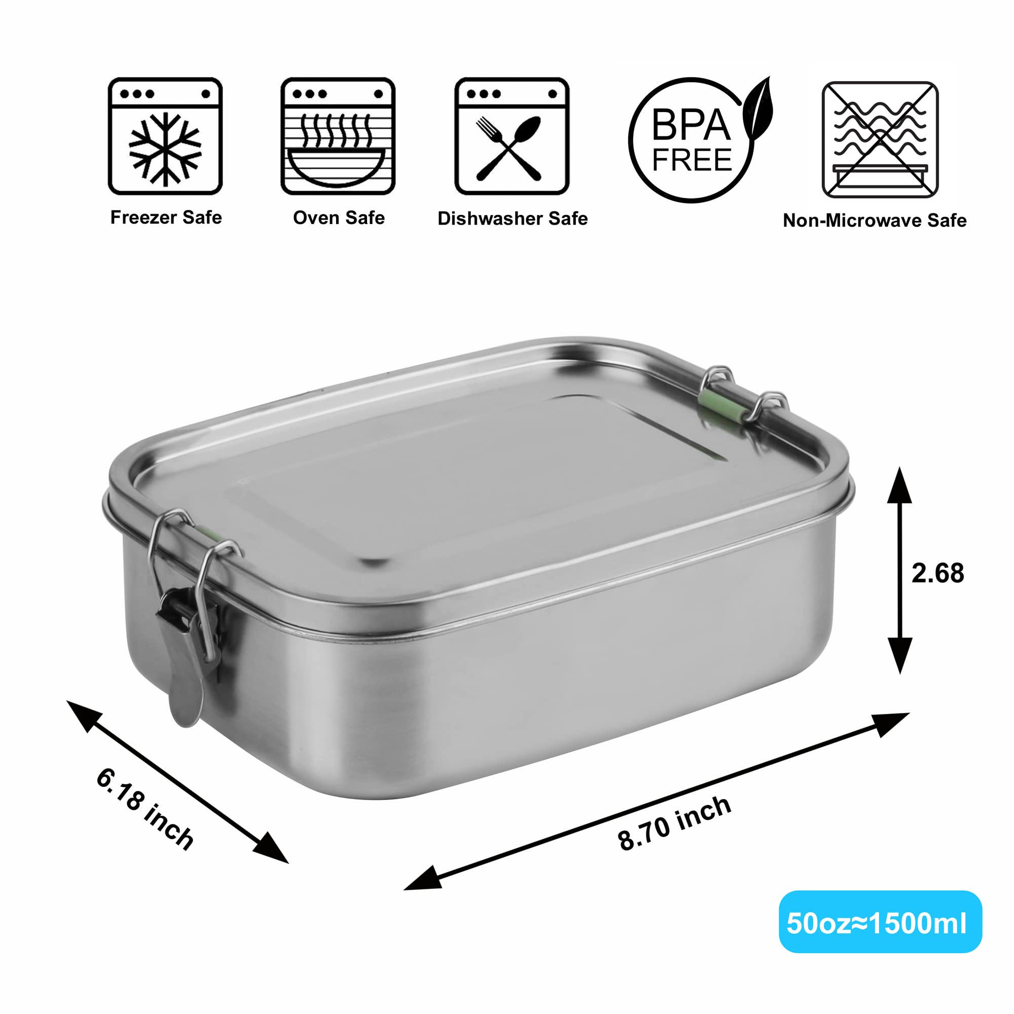 Arora Stainless Steel Bento Lunch Box - 1500Ml W/Divider, 2 Compartments, Eco & Recyclable Food Container, Leakproof & Dishwashe