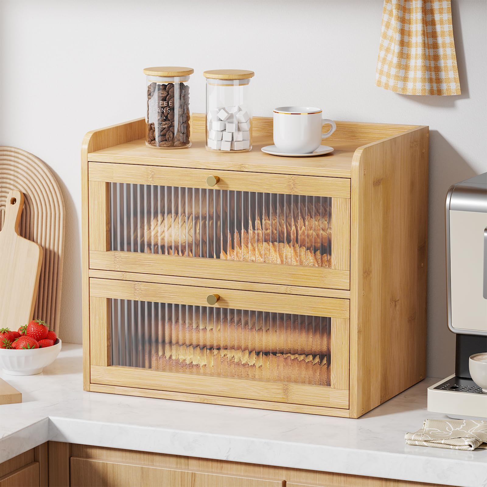Kitsure Wooden Bread Box for Kitchen Countertop, Large Capacity, Natural