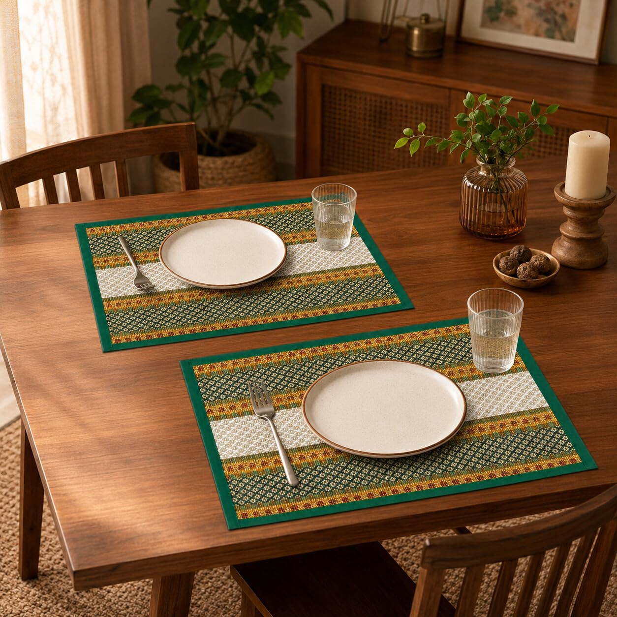 Mamaji Korai Grass Table Mats Set of 2, 18 x 12 Inch, Emerald Green