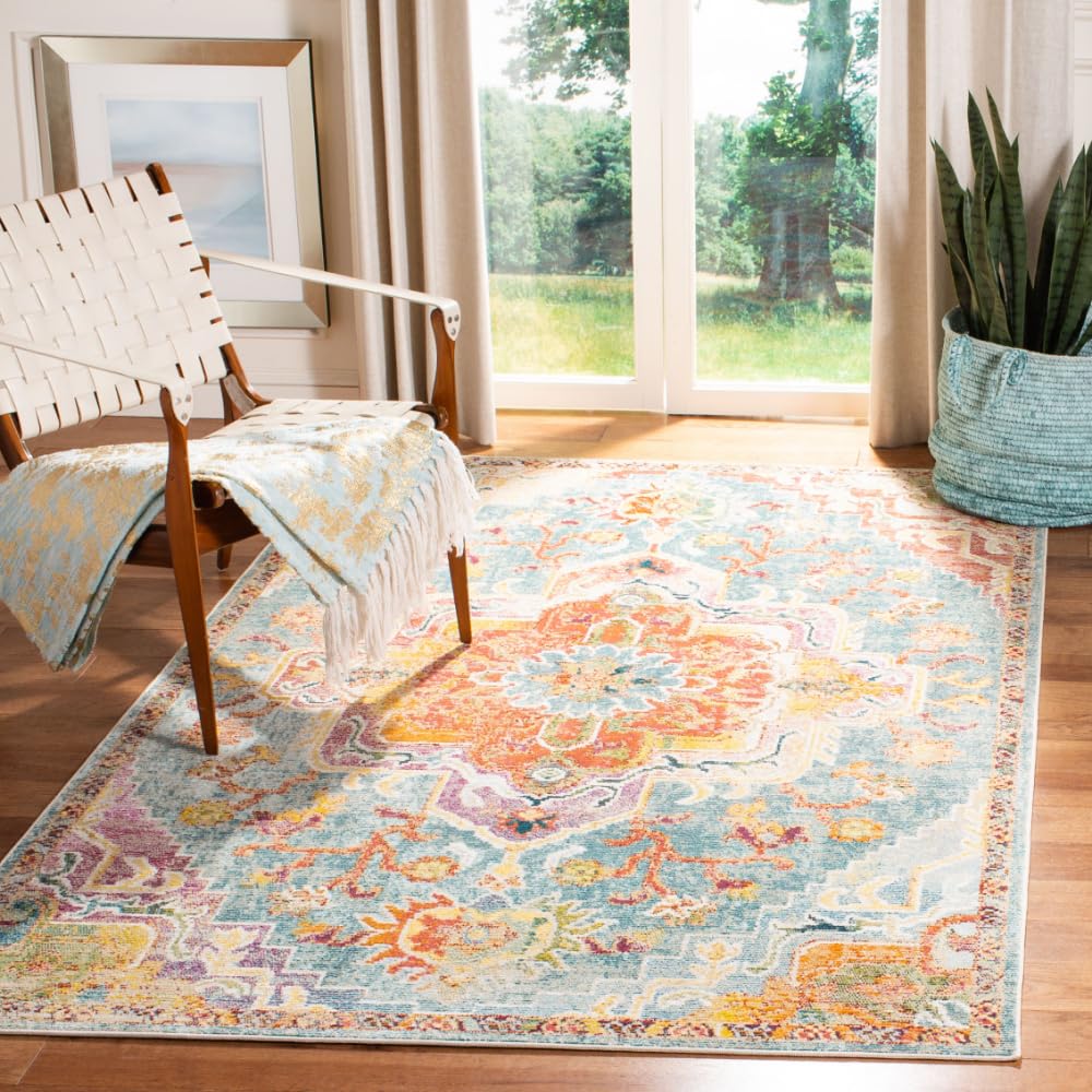 SAFAVIEH Crystal Collection Accent Rug - 4 x 6, Orange & Teal, Medallion Distressed Design, Non-Shedding & Easy Care, Ideal fo