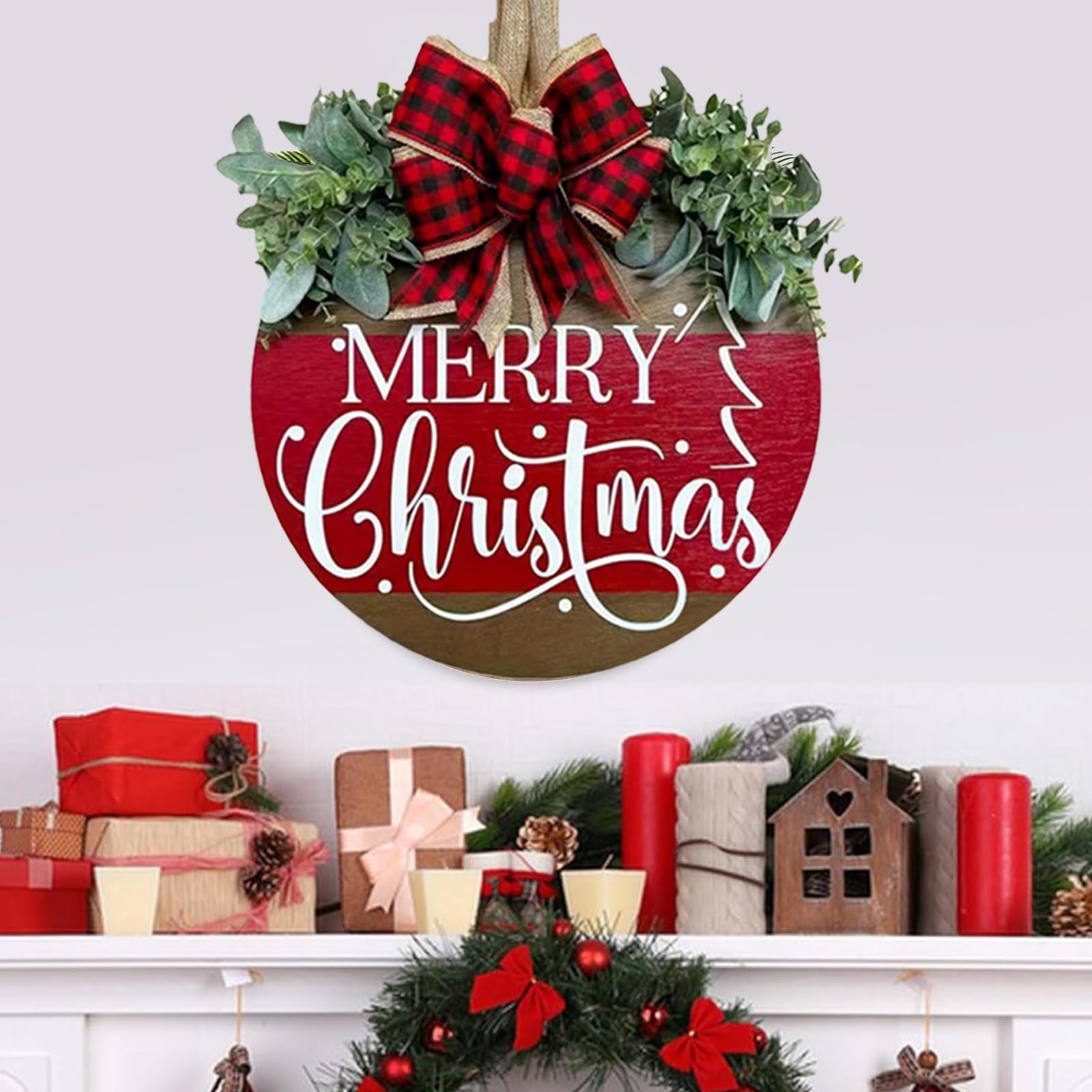Merry Christmas Wreath Hanging Sign for Front Door, Wooden Welcome Wreaths Sign with Bow for Holiday Rustic Farmhouse Outdoor Wa