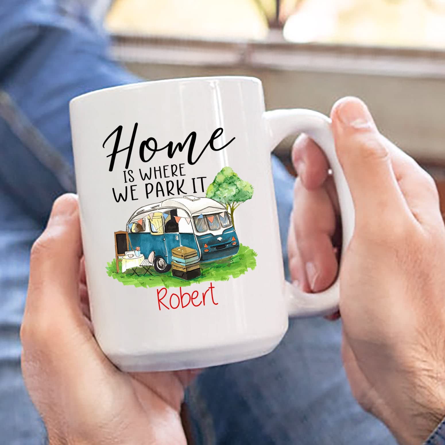 Personalized Camper Mug, Camp Adventure Mug, Campers Couple Gift, Custom Campfire Coffee Mug, Outdoor Camping Mug, Home Is Where