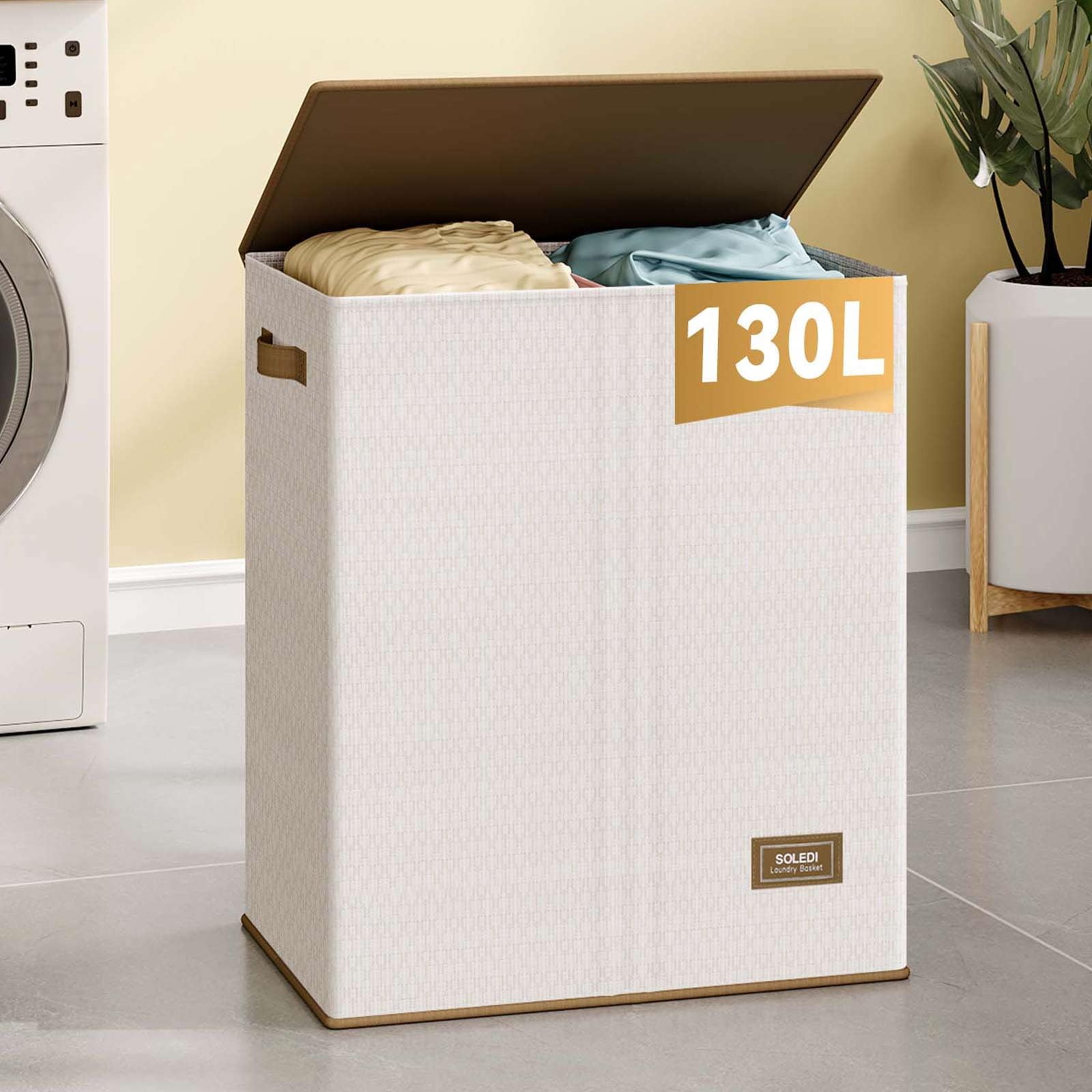 Soledi Double Laundry Hamper With Lid 34 Gal (130L) Water-Resistant, High-Tenacity Material Collapsible Laundry Basket With 2 Re