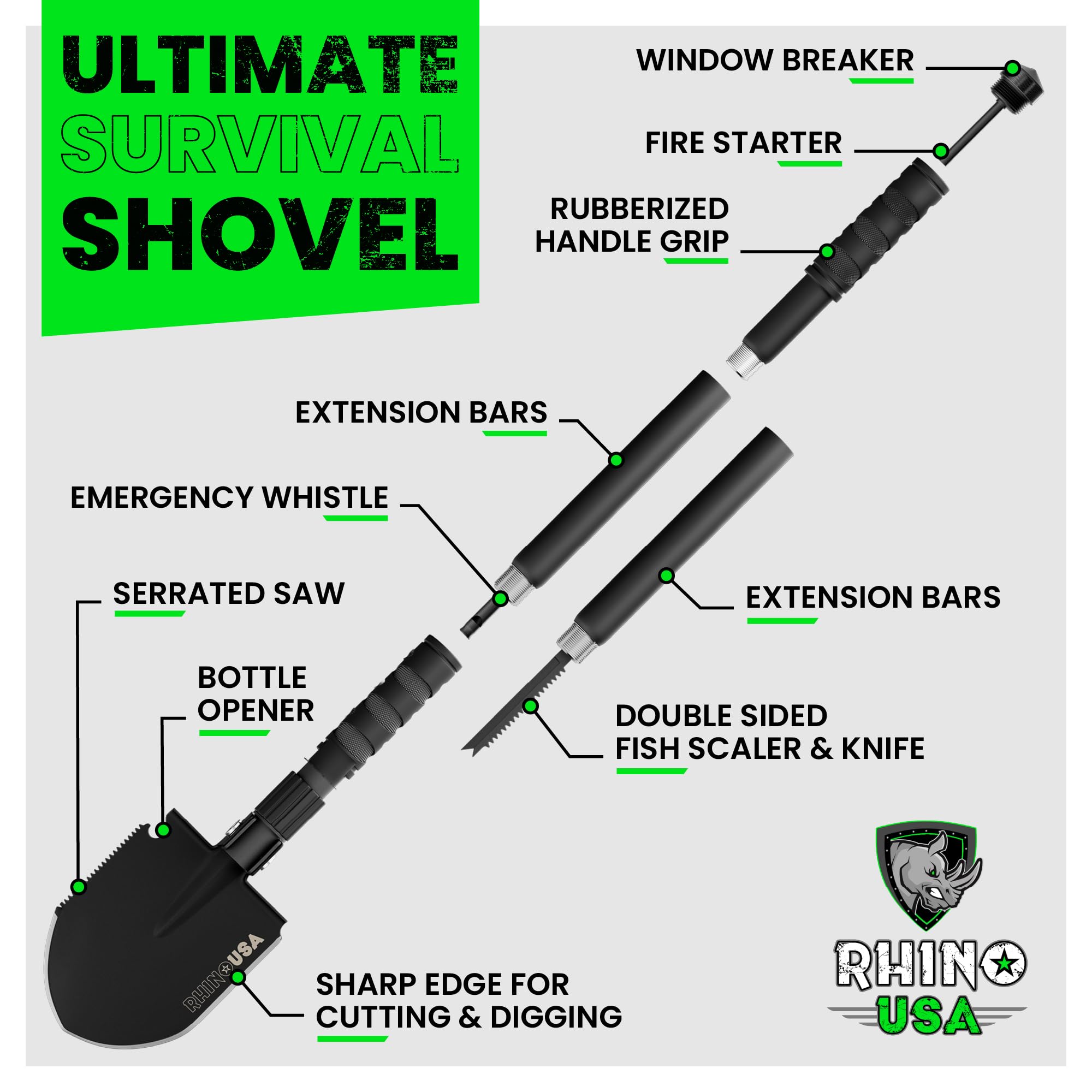 Rhino Usa Survival Shovel W/Pick - Heavy Duty Carbon Steel Military Style Entrenching Tool For Off Road, Camping, Gardening, Bea