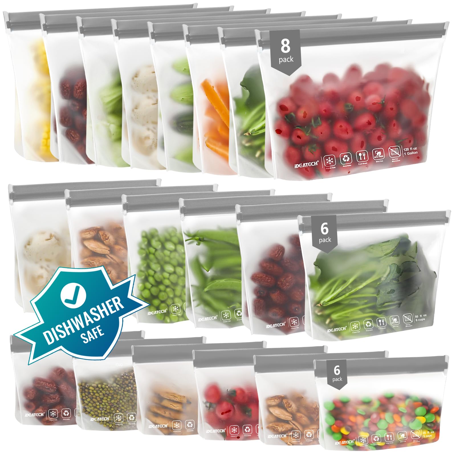 IDEATECH Food Storage Containers, BPA Free PEVA Reusable Gallon Freeezer Bags, Reusable Quart Size Sandwich Bag, Leakproof Baggi