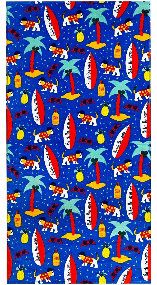 Yifontin Beach Towel For Kids, Velour Terry Blanket Throw 100% Cotton 25.5X51 Inches For Swim Bath Camping, Surfboard Puppy Dogs