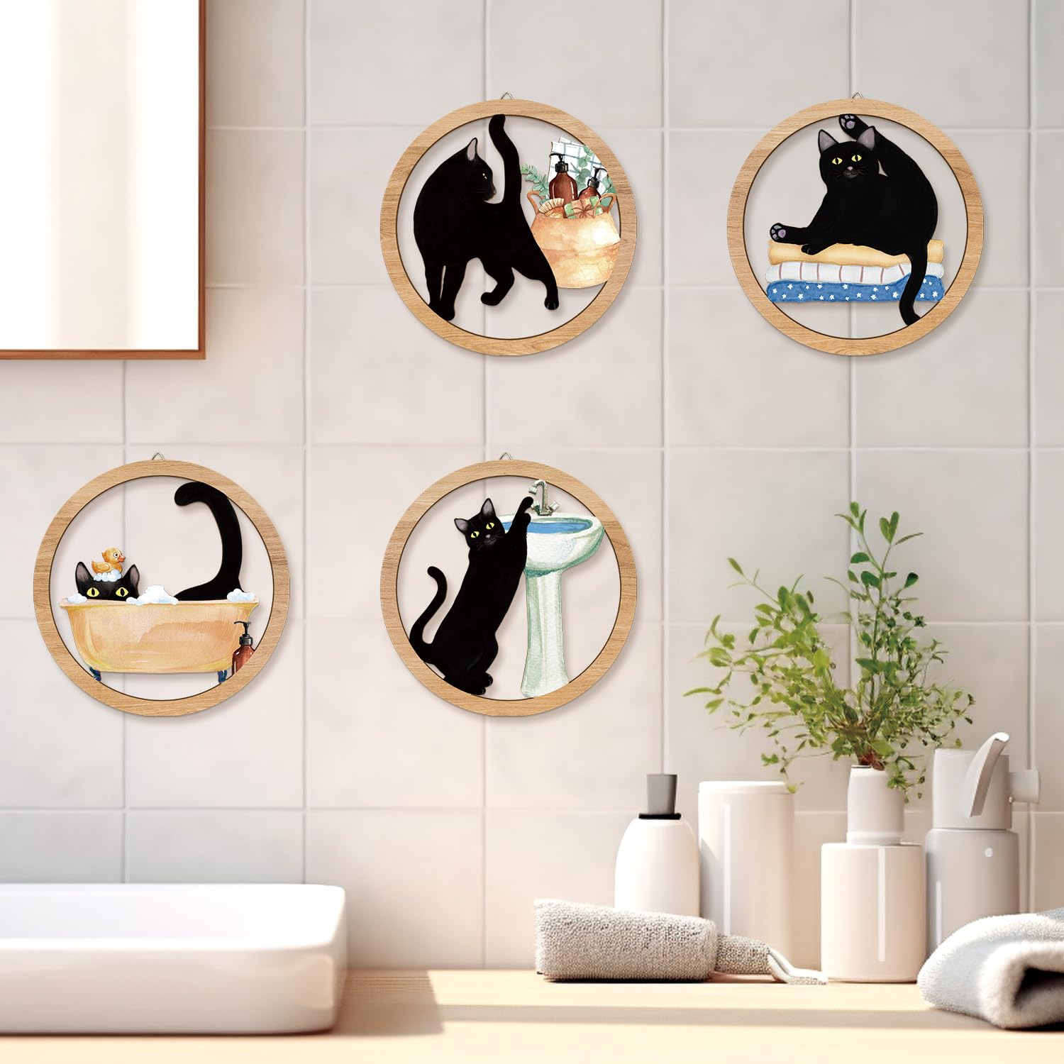 HPNIUB Funny Bathrooms Wall Decor, Black Cats In the Bath Wood Sign, 4 Pieces 10    x10     Farmhouse Wooden Hanging Sign for To