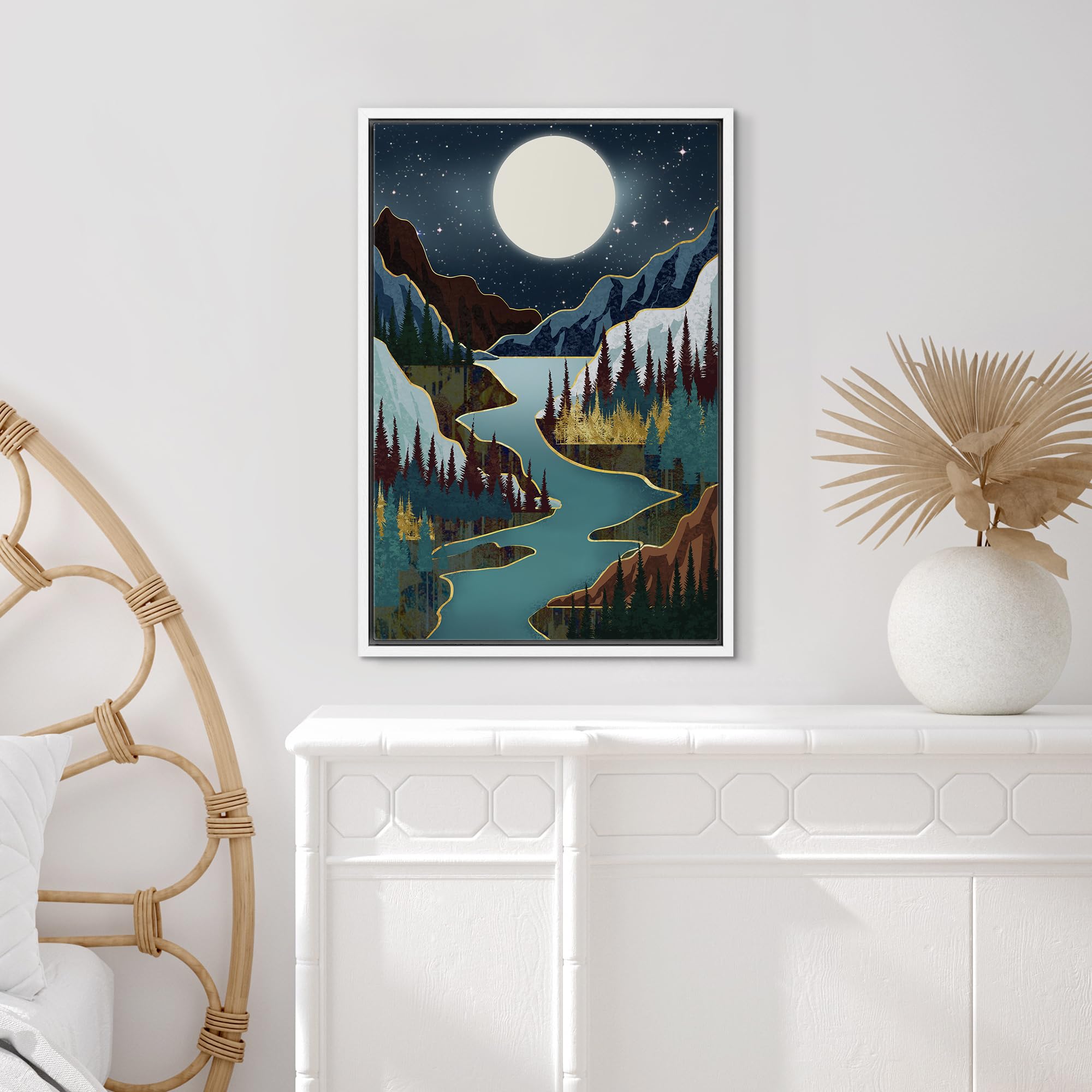 Signford Framed Canvas Print Wall Art Moon Mountain Lake Nature Wilderness Illustrations Modern Art Decorative Rustic Relax/Calm