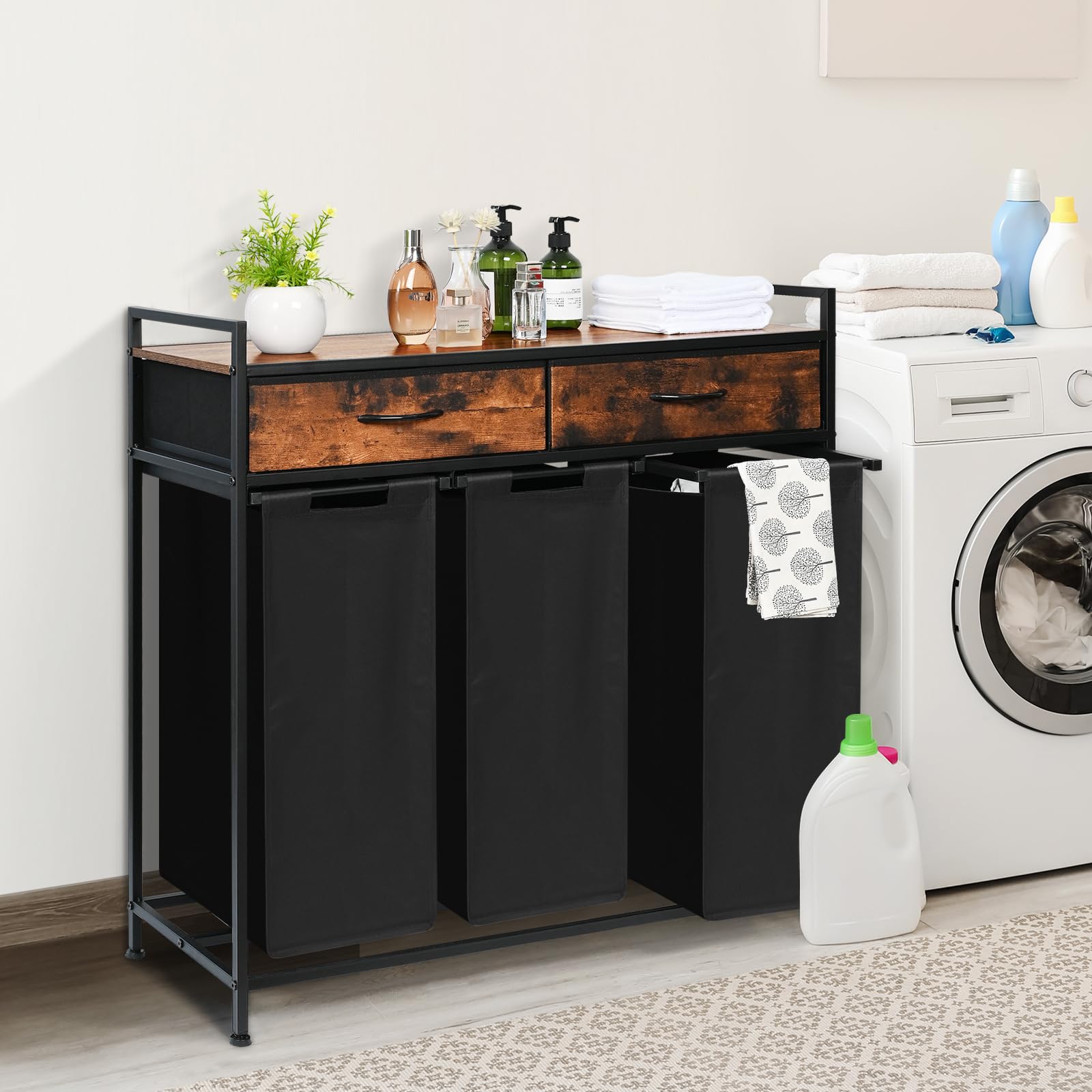 Laundry Sorter 3 Section, Laundry Hamper With Shelf And 2 Drawers, 180L Laundry Basket, Laundry Organizer Cart, Pull-Out And Rem