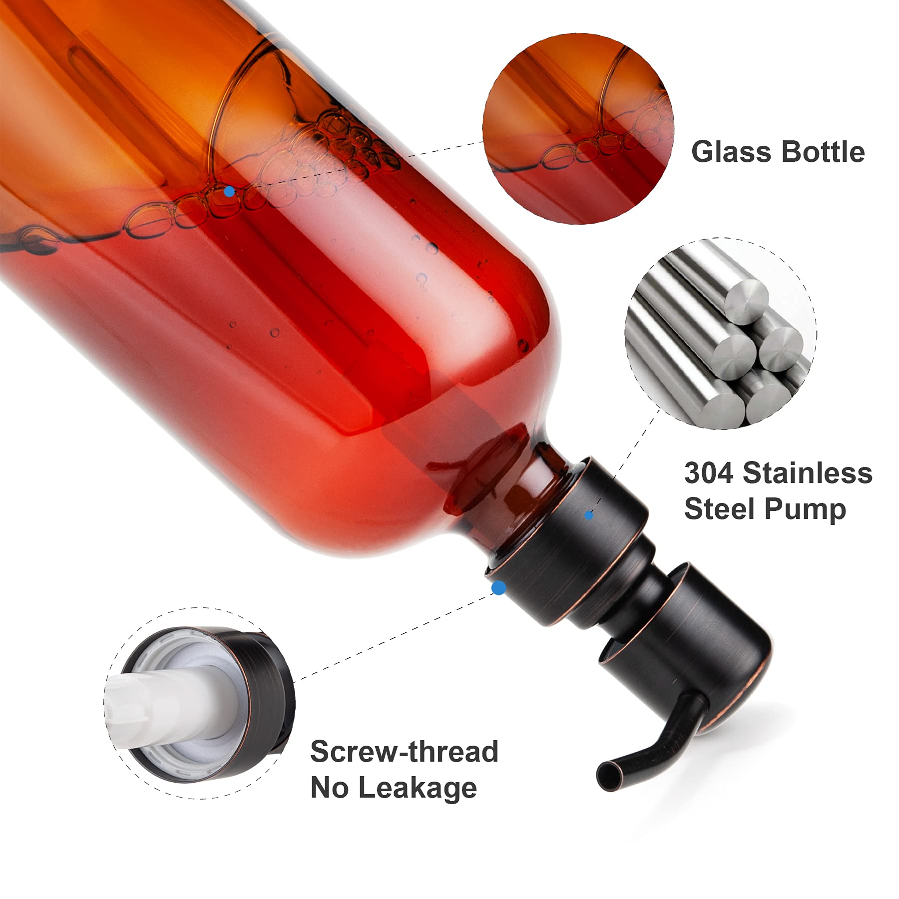 Amazerbath Amber Glass Soap Dispenser, 2 Pack Thick Glass Soap Dispenser With Bronze Stainless Steel Pumps, 17 Oz Hand Soap Disp