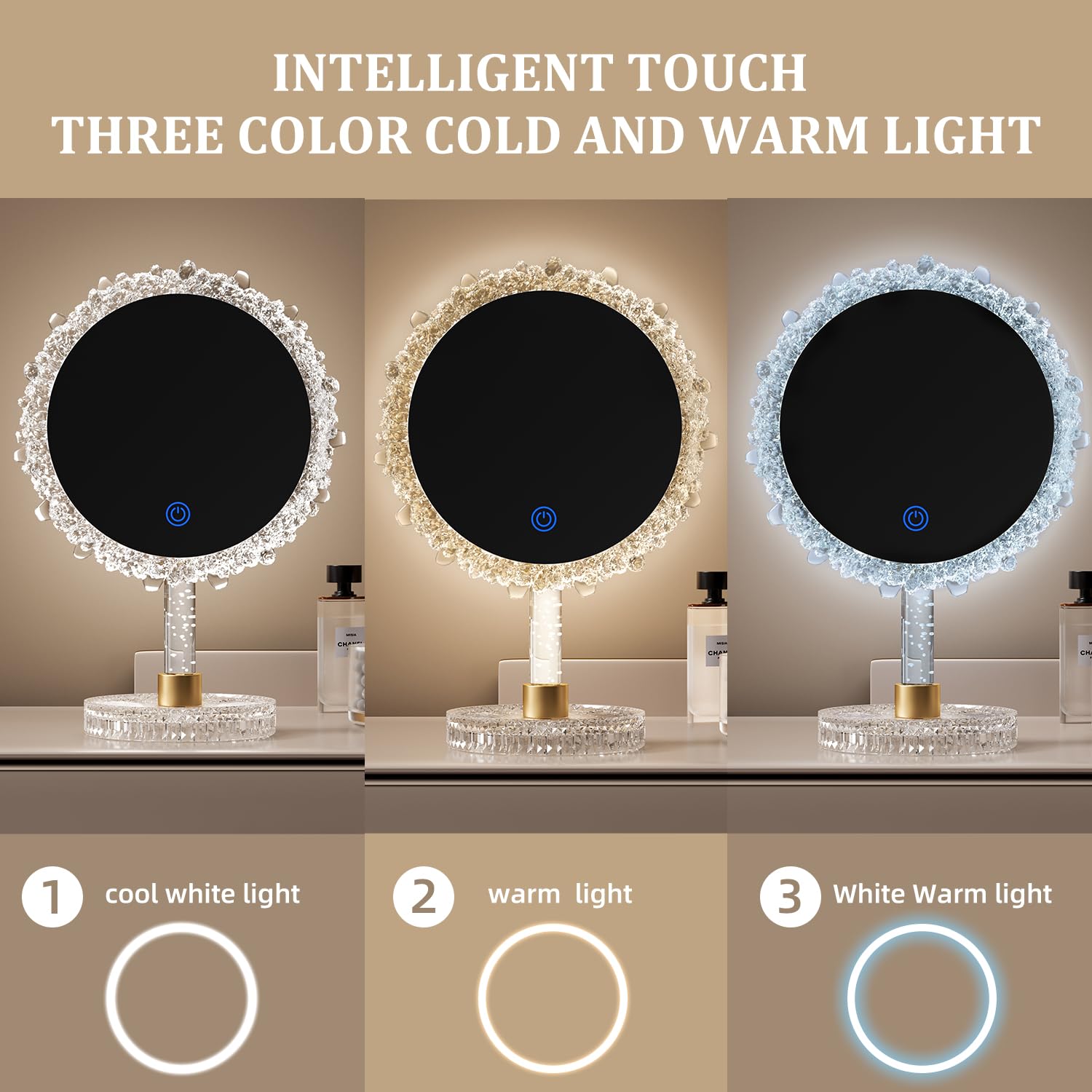 OPYNU Makeup Mirror with Lights,18x12Large LED Lighted Makeup Mirror with Crystal Frame,3-Color Lighting Mode,Intelligent Touch