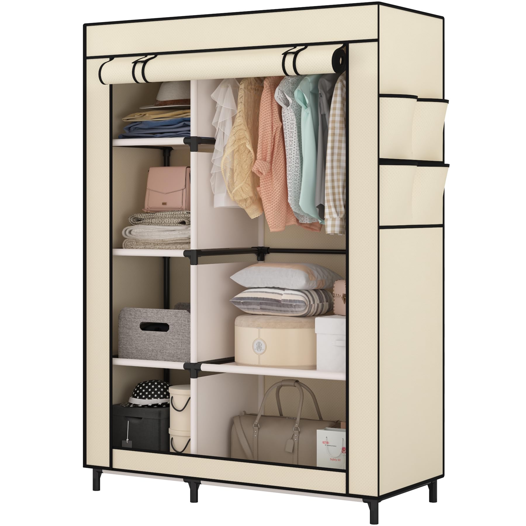 Calmootey Portable Closet Organizers, Clothing Storage, Wardrobe With 6 Shelves And Hanging Rod, Non-Woven Fabric Cover With 4 S