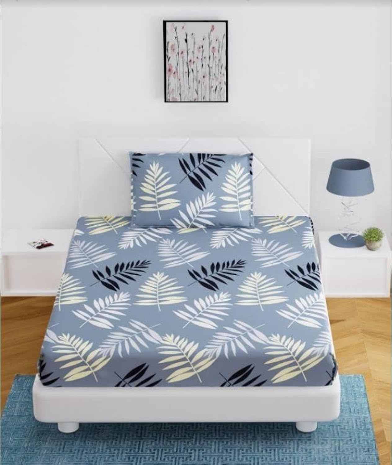 Avinya Cotton Feel Glace Cotton Elastic Fitted Printed Small Size Single Bed Bedsheet with 1 Pillow Cover(72x48 Gray)
