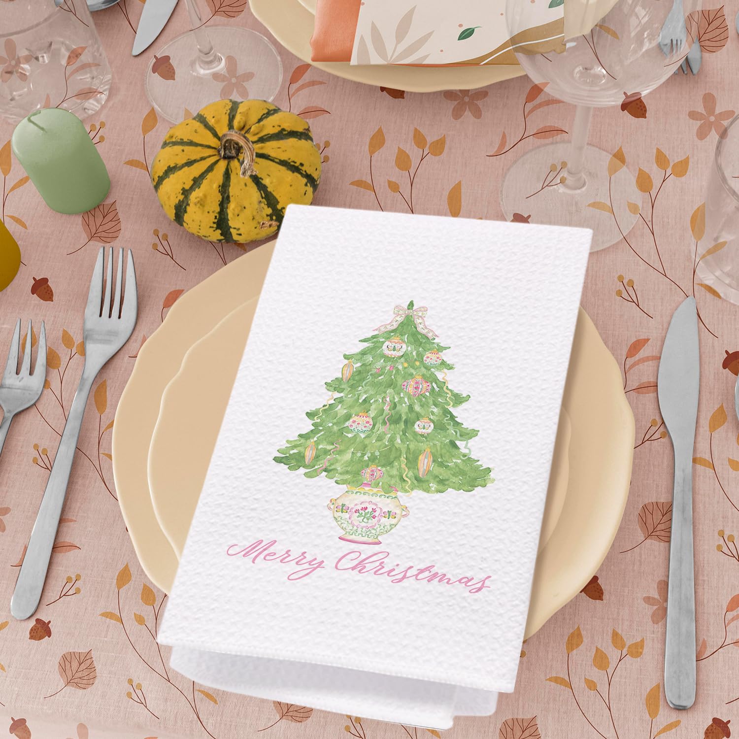 Spbl&L Chinoiserie Christmas Kitchen Towels, Light Green Christmas Tree Dish Towels For Kitchen Bathroom, Merry Christmas Hand T