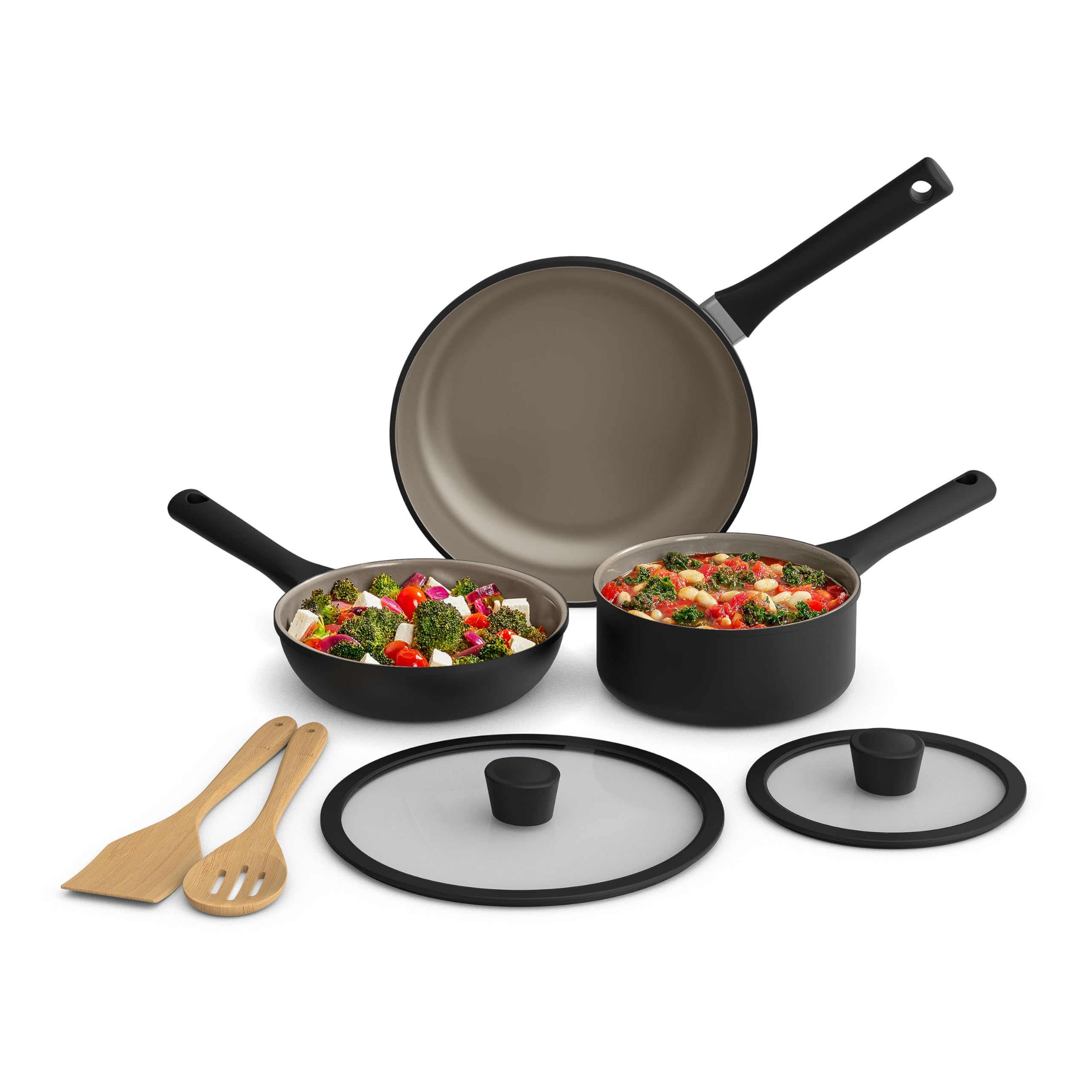 bella 7 Piece Cookware Set with EverGood Ceramic Nonstick Coating, Dishwasher Safe Oven Safe, All Stovetops Compatible, Glass Li
