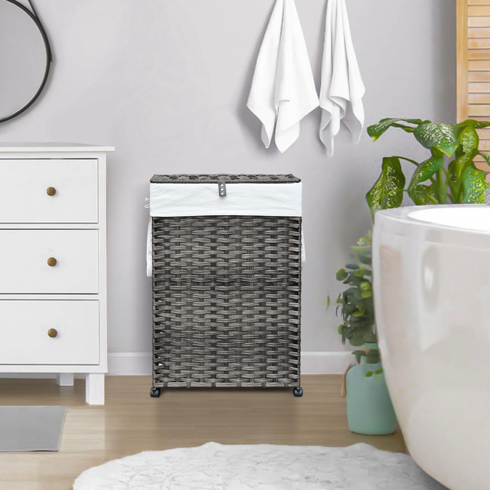 70L Slim Laundry Hamper With Lid & Wheels, Rolling Laundry Basket With 2 Removable Liner Bags & 3 Mesh Bags, Narrow Dirty Clothe