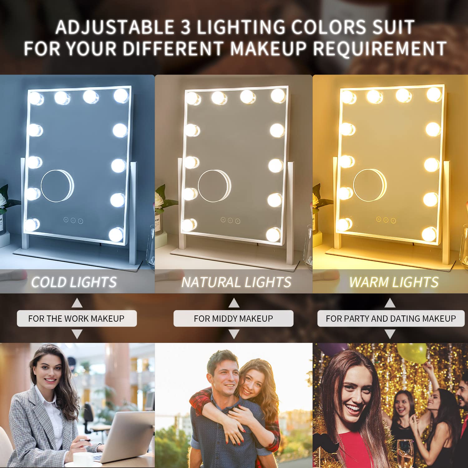 Nusvan Vanity Makeup Mirror With Lights,3 Color Lighting Modes Detachable 10X Magnification Mirror Touch Control,360Rotation, Wh