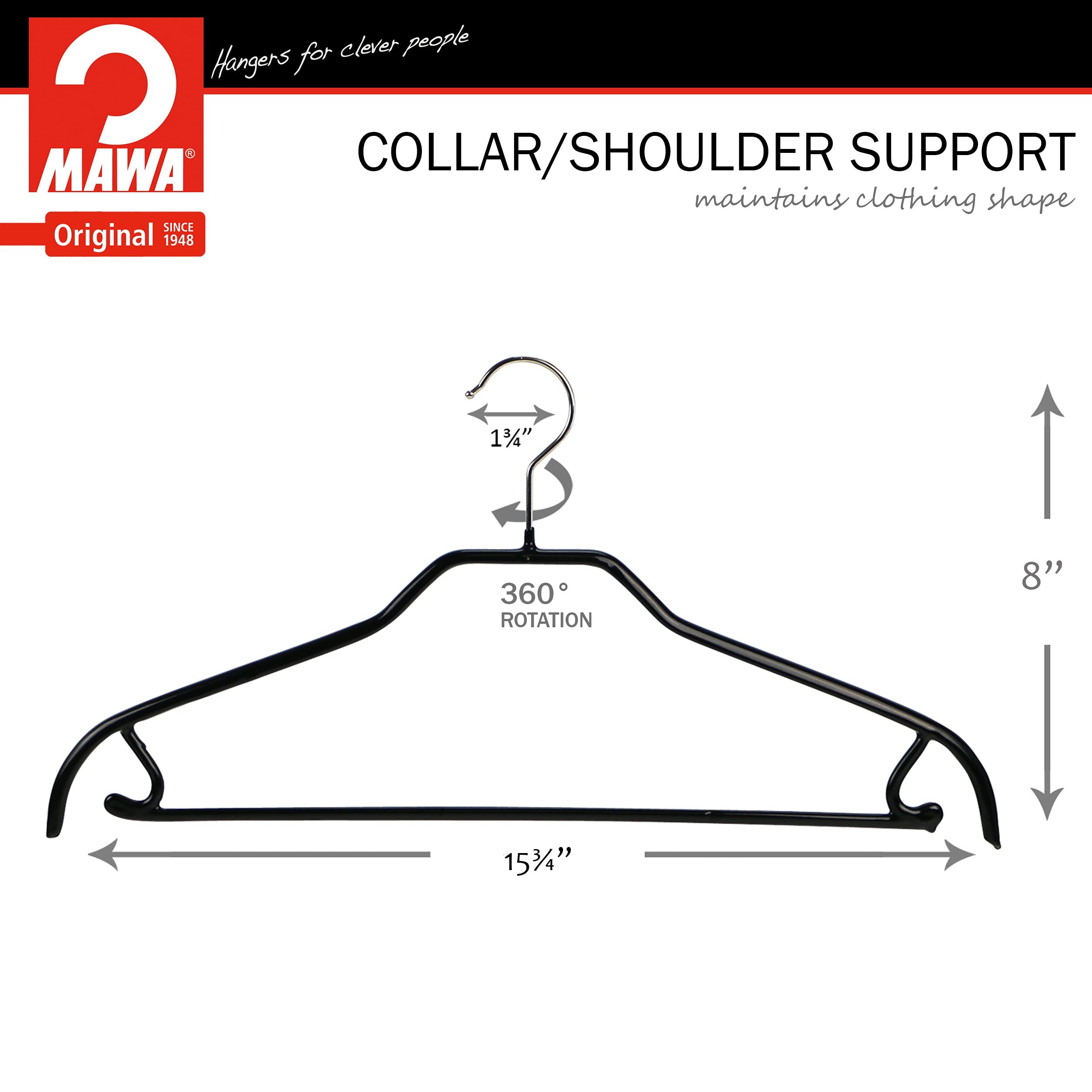 Mawa by Reston Lloyd Silhouette Series Non-Slip Space Saving Clothes Hanger with Bar & Hook for Pants and Skirts  Style 41/FRS  Set of 12  Black