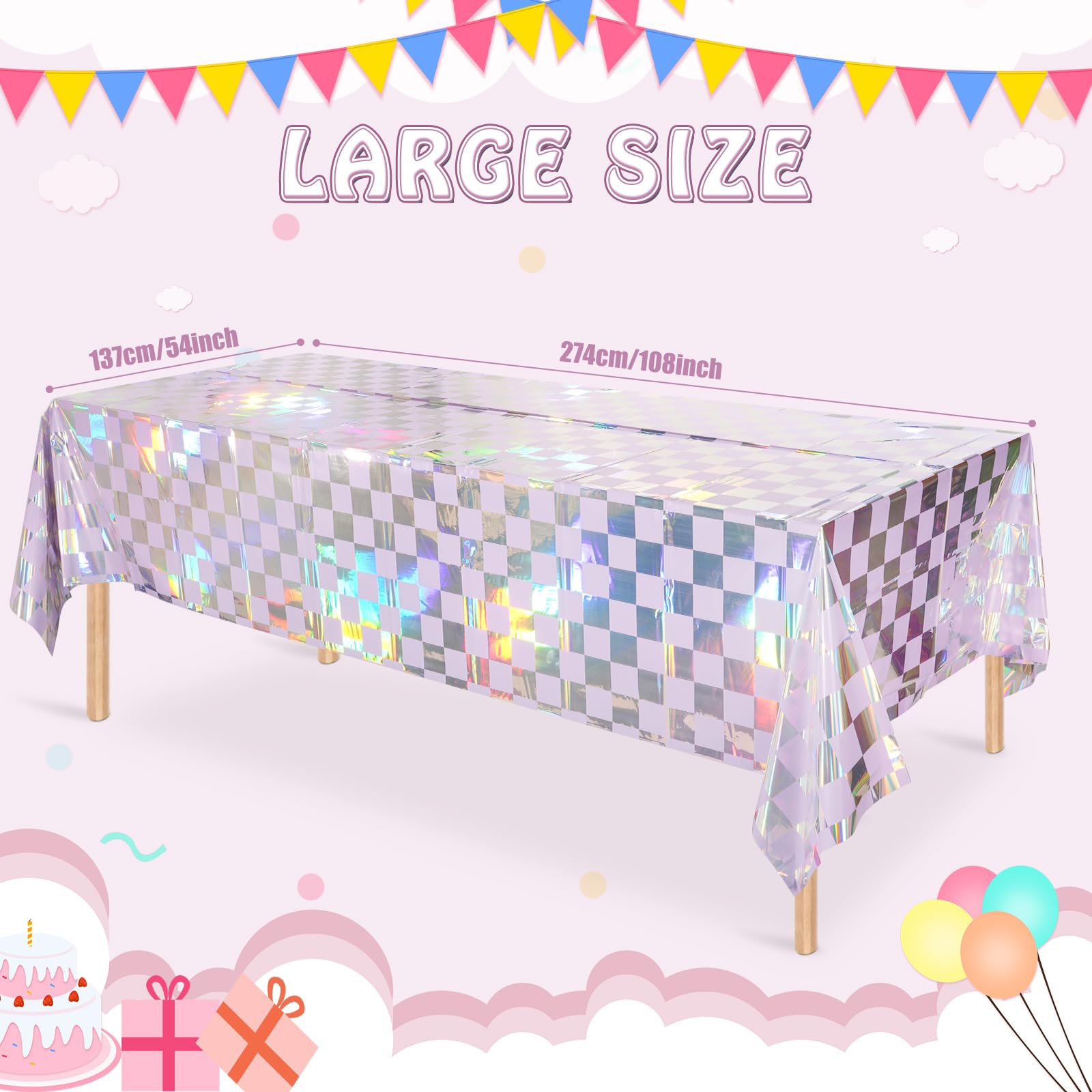 3Pack Iridescent Checkered And Purple Plastic Tablecloths Shiny Disposable Laser Rectangle Table Covers Holographic Foil Tablecl