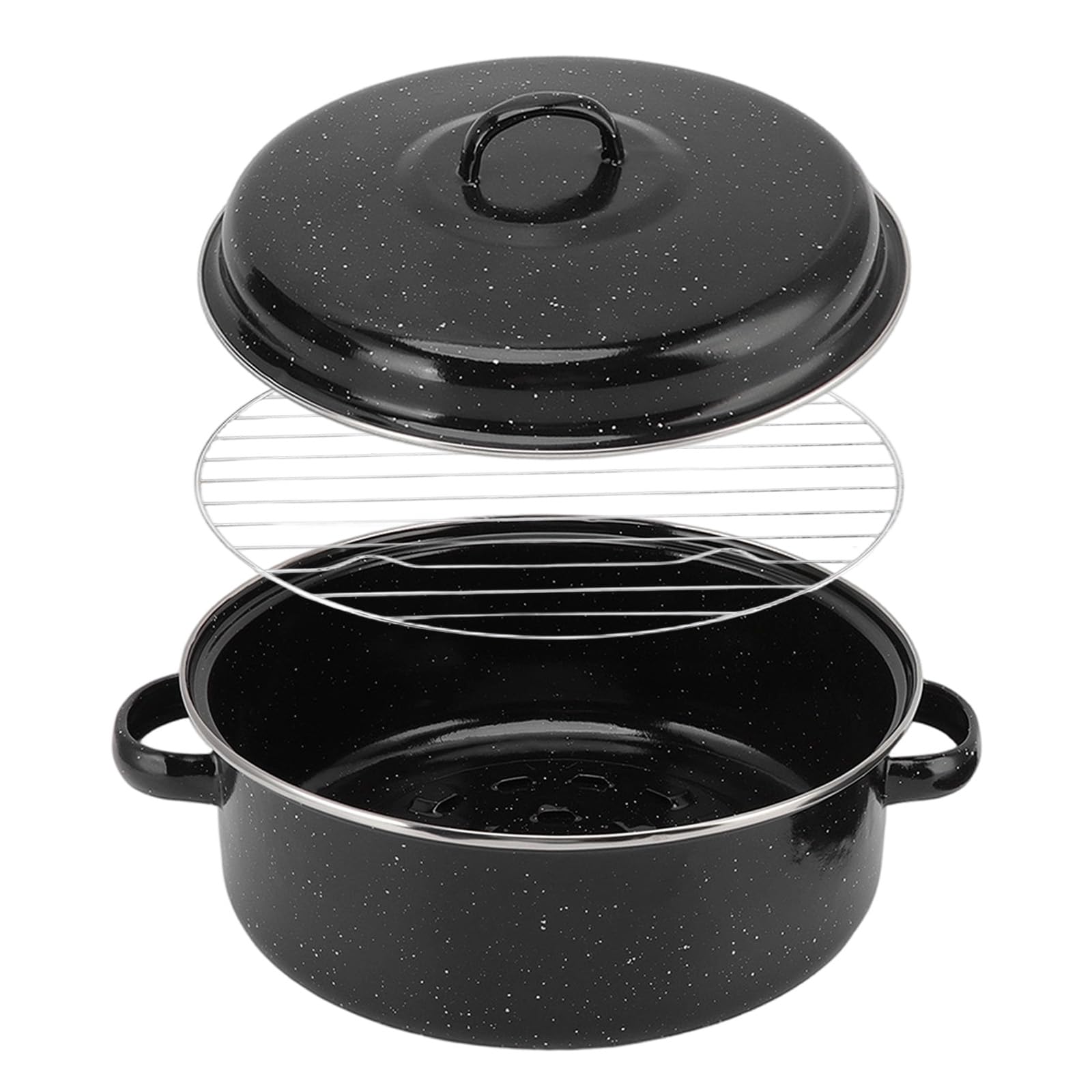 Black Enameled Steel Round Roaster Pot with Iron Lid and Rack, Nonstick