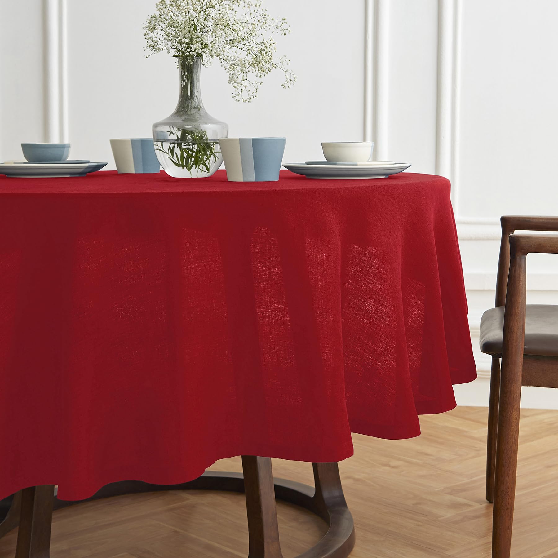 Solino Home Red Linen Round Tablecloth 60 Inch Diameter - Sonoma, 100% Pure Linen Prewashed Table Cloth - Machine Washable Table