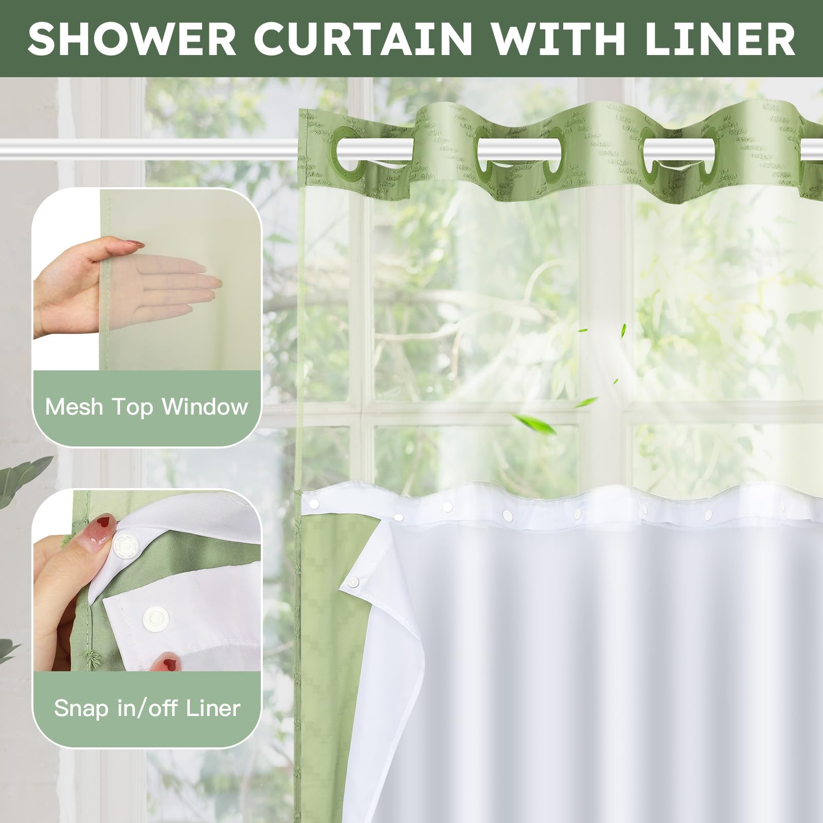 Fadoty No Hook Shower Curtain And Snap In Liner Set Sage Green Tufted Chevron Striped Cloth Waterproof Washable Fabric Boho Mode