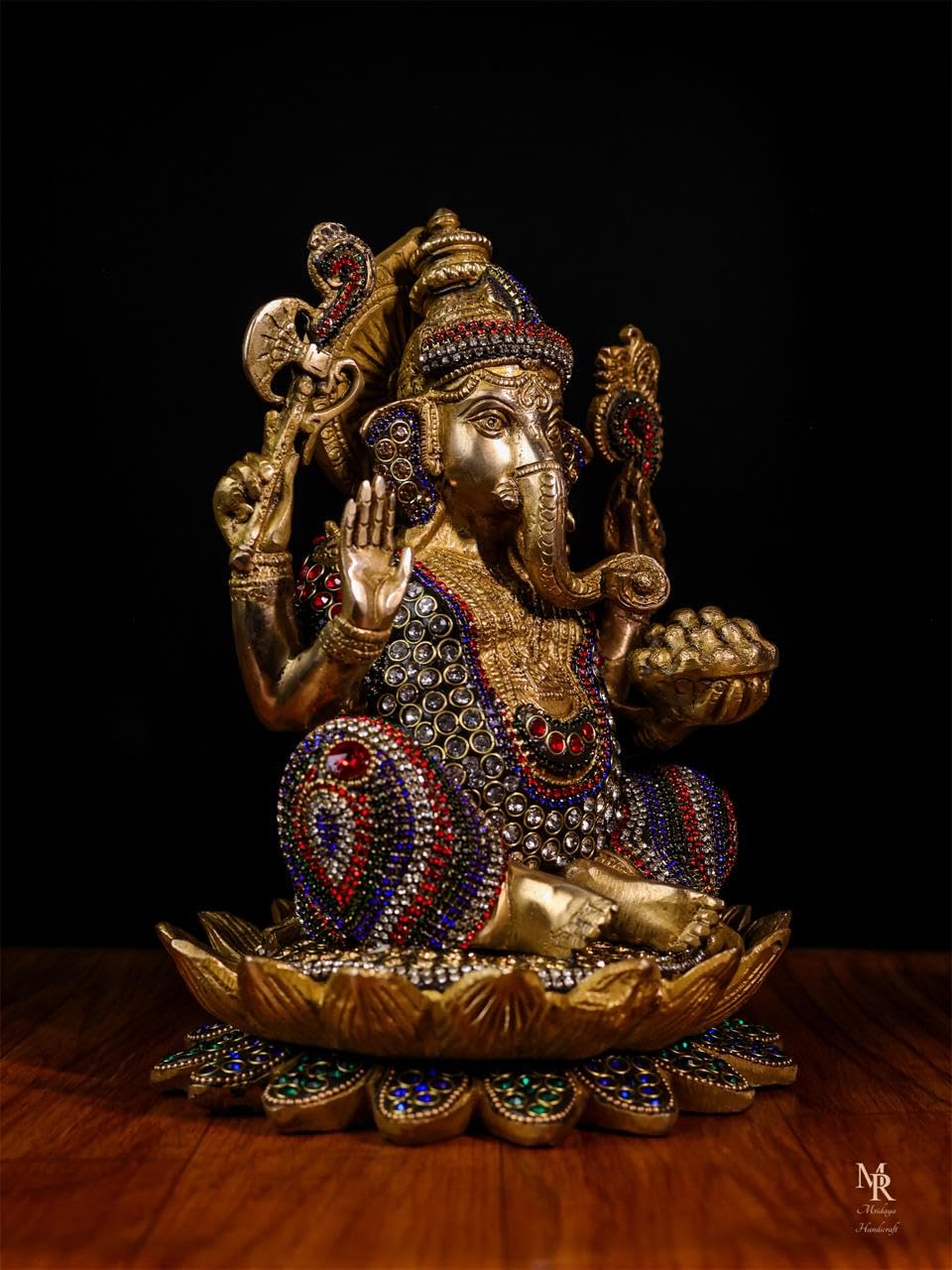 Mridaya Brass Ganesha Statue With Mosaic Stonework, 24 Cm Brass Ganesh Statue, Ganpati Idol, Good Luck Gift For New Beginnings,