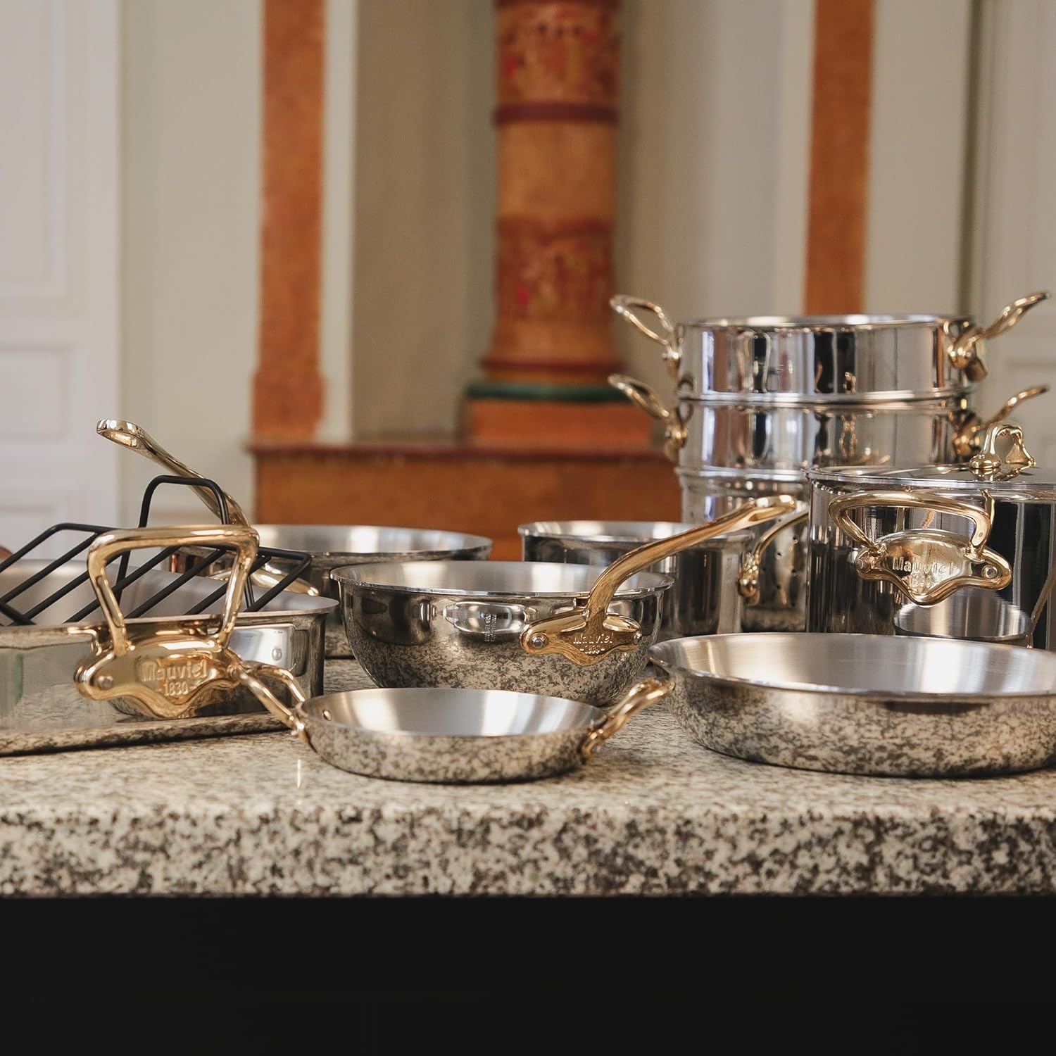 Mauviel M'Cook B Stainless Steel Round Pan With Brass Handles, 11-In, Made In France