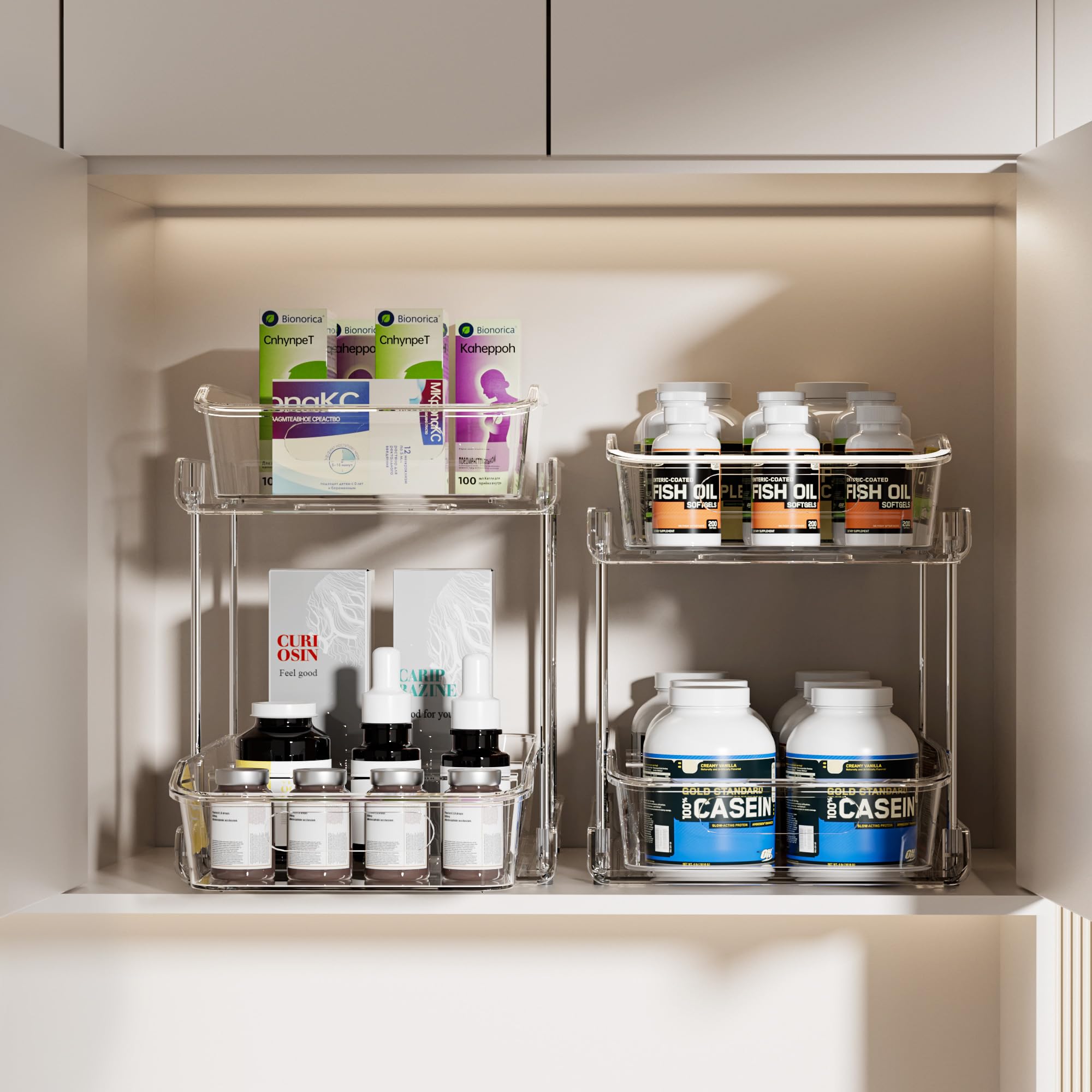 Delamu 2 Sets Of 2-Tier Clear Under Sink Organizers And Storage, Multi-Purpose Stackable Bathroom Cabinet Organizers, Pull Out K