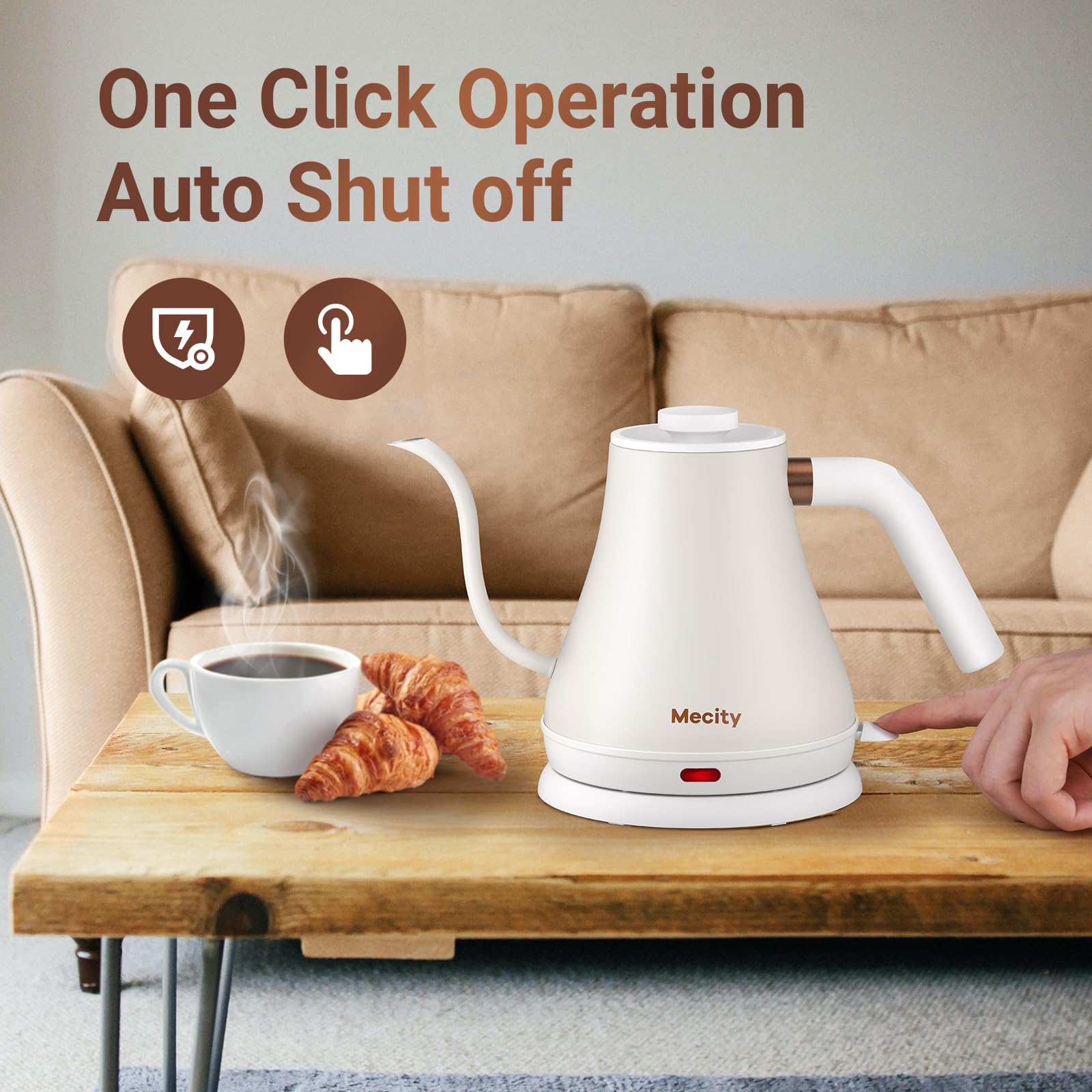 Mecity Electric Gooseneck Kettle, 1000W Stainless Steel, 0.8 Quarts, Milk White, Model HB-3166L, Fast Heating, Auto Shut Off