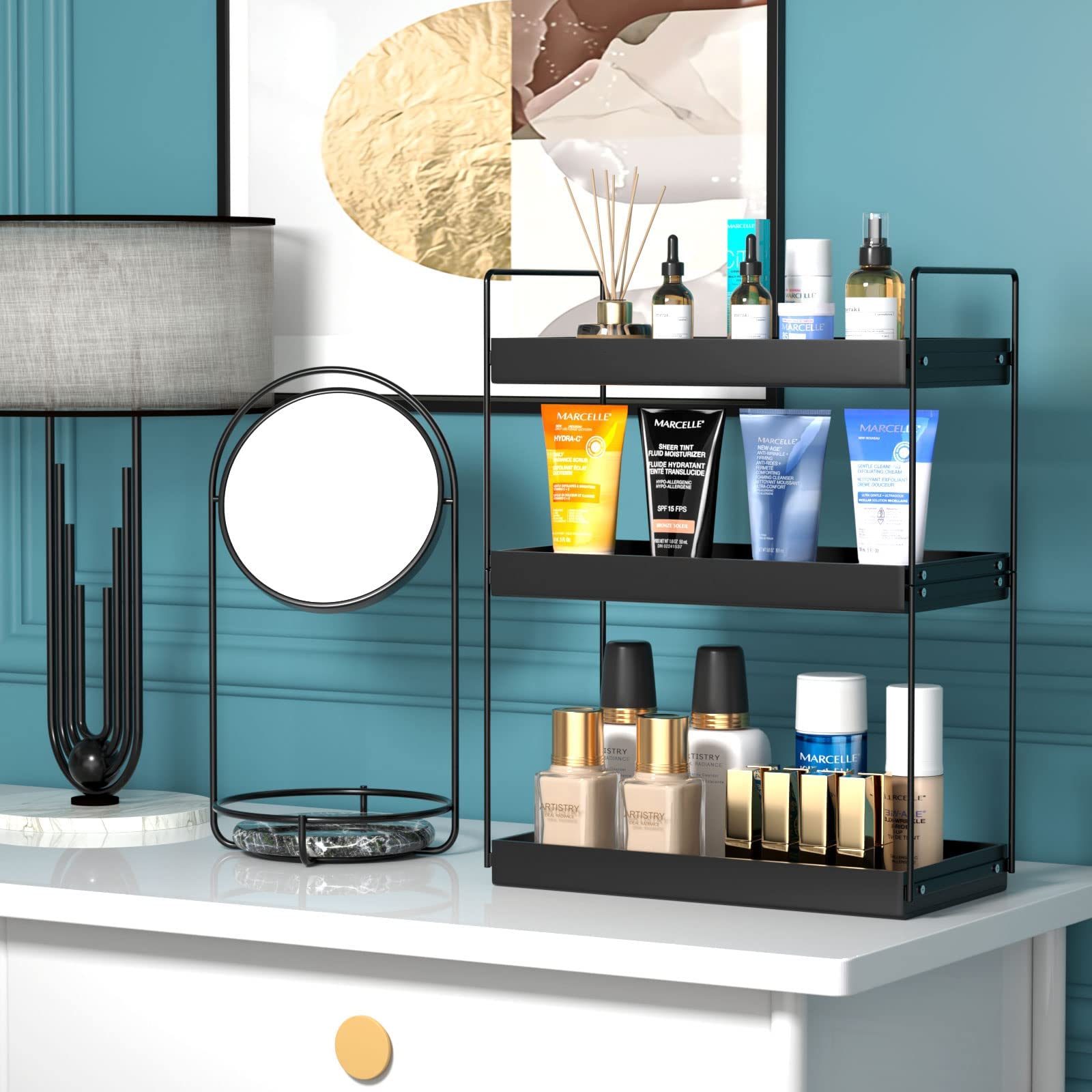 Bathroom Countertop Organizer, 3 Tier Metal Vanity Counter Skincare Shelf, Matte Black Under Sink Standing Rack With Acrylic Tra