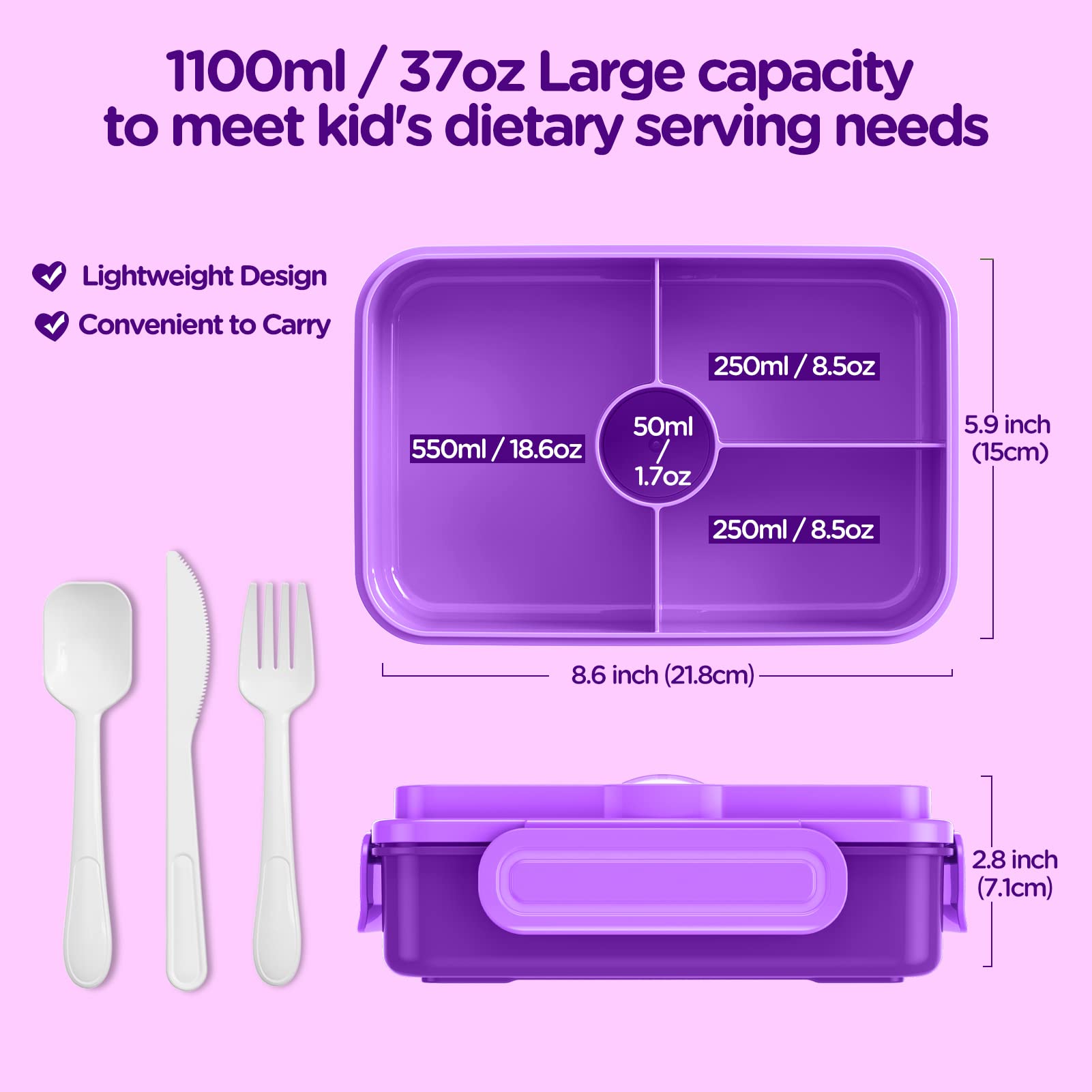 Jelife Lunch Box Kids Bento Box - Large Bento-Style Leakproof 4 Compartments Kids Lunchbox Food Containers with Utensils for Back to School  Reusable On-the-Go Meal and Snack Packing  Purple