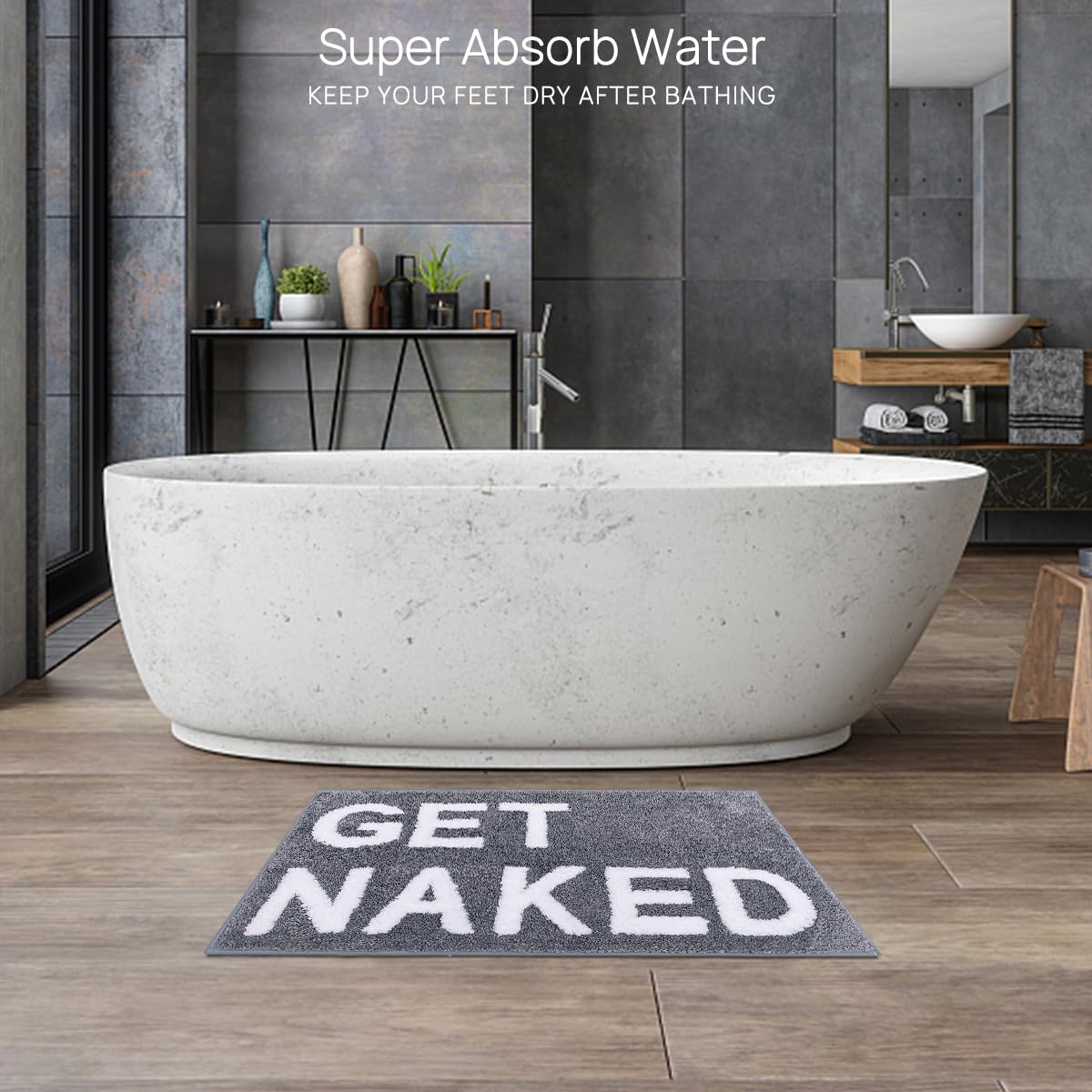 Qubomax Get Naked Bath Mat - Non-Slip, Super Absorbent, Funny Bathroom Rug, Machine-Washable, Cotton & Microfiber, 32''X20'' (Gr