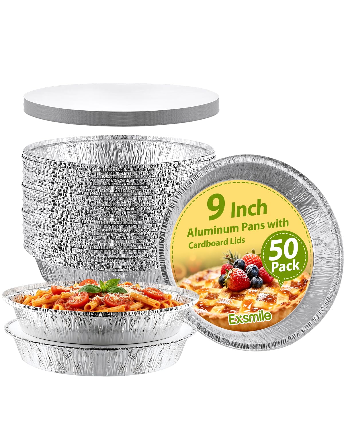 Exsmile 50 Pack 9 Inch Round Aluminum Pans with White Cardboard Lids  Disposable Tin Foil Pans, Food Containers for Cake Baking