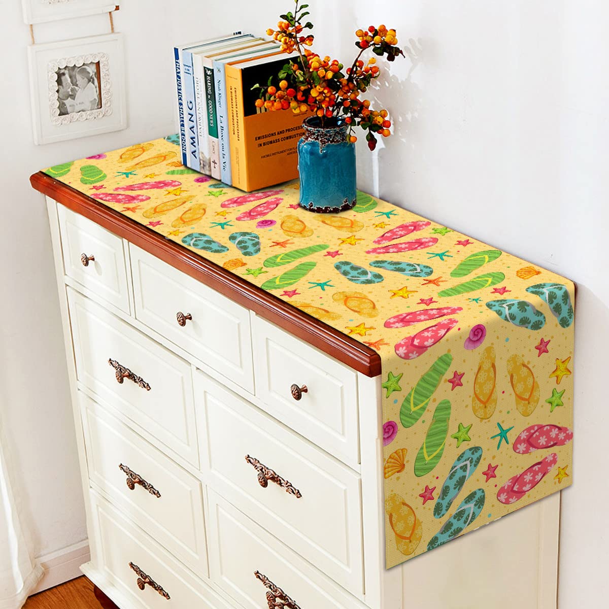 Vohado Linen Summer Flip Flop Table Runner 72Inches Long Beach Hawaiian Party Decorations Starfish Shell Slipper Home Kitchen Di