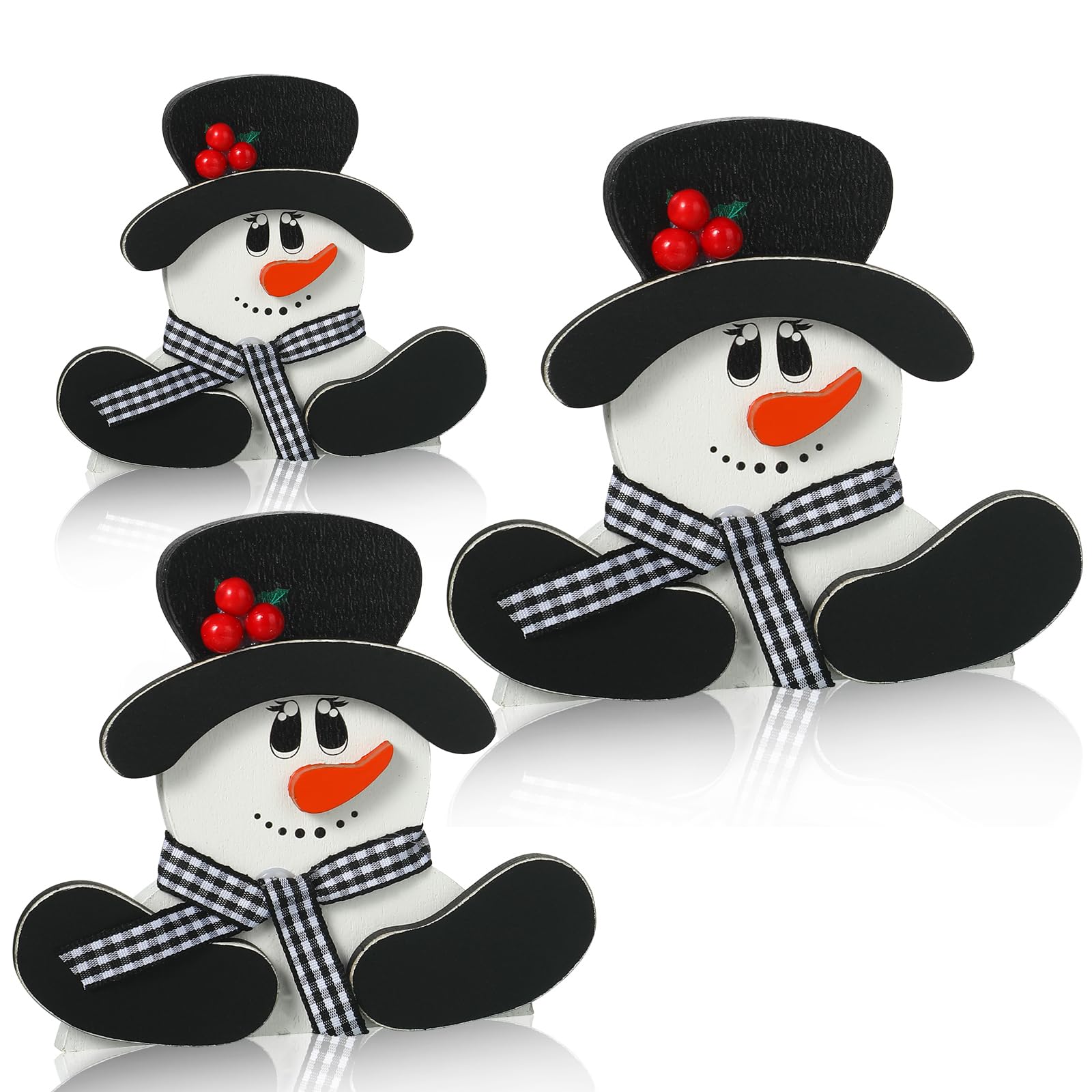 Suzile 3 Pcs Winter Snowman Table Decorations Wooden Snowman Centerpieces Block Black White Snowman Wood Figurine Signs Winter T