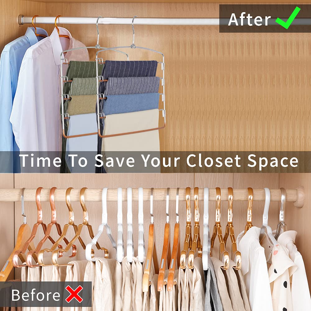 Pants Hangers Non Slip 3 Pack Space Saving Hangers Multi-Layer Swing Arm Pants Hanger Stainless Steel Space Saver Hangers for Pants Jeans Scarf Trouser Tie Towel Clothes (Gold)