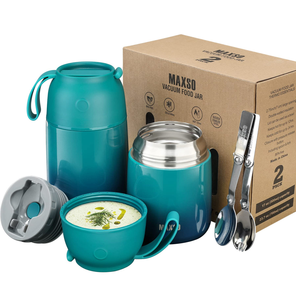Maxso 2 Pack Soup Thermo For Hot Food, Vacuum Insulated Food Jar Thermal Lunch Containers For Adults, Travel Food Flask (24Oz,17