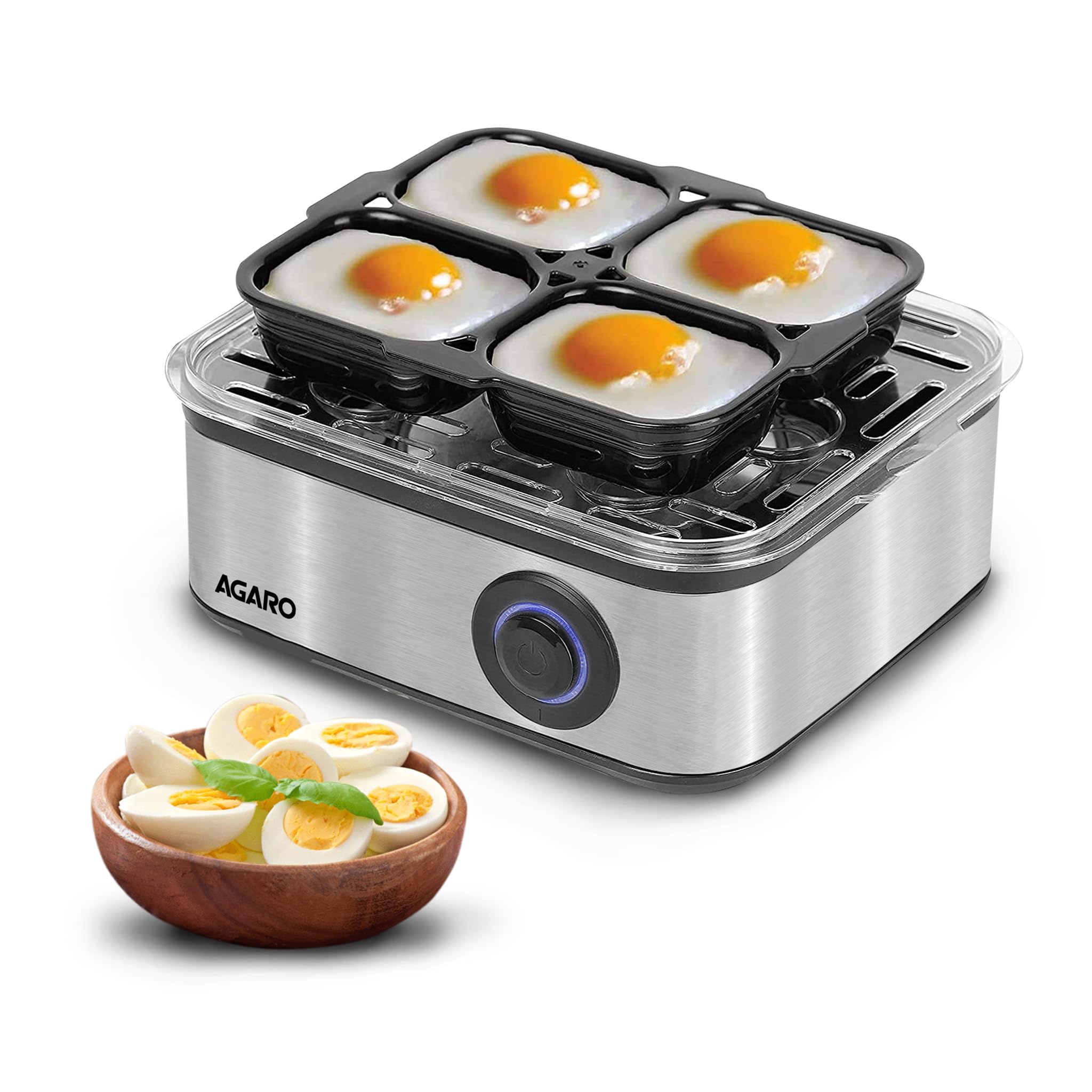 AGARO Grand Egg Boiler and Poacher,2in1 Boils 8 Eggs, Poach 4 Eggs, Steamed Vegetables, 3 Boiling Modes, Stainless Steel Body, 