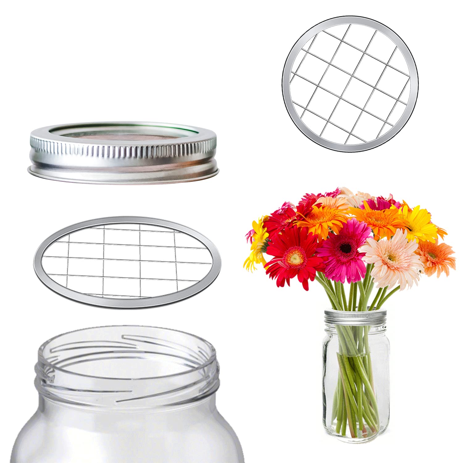 15Pcs Mason Flower Jar Insert Lid, Reusable Frog Lids With Square Grids Metal Flower Lid Insert Flower Organizer Lid For Regular