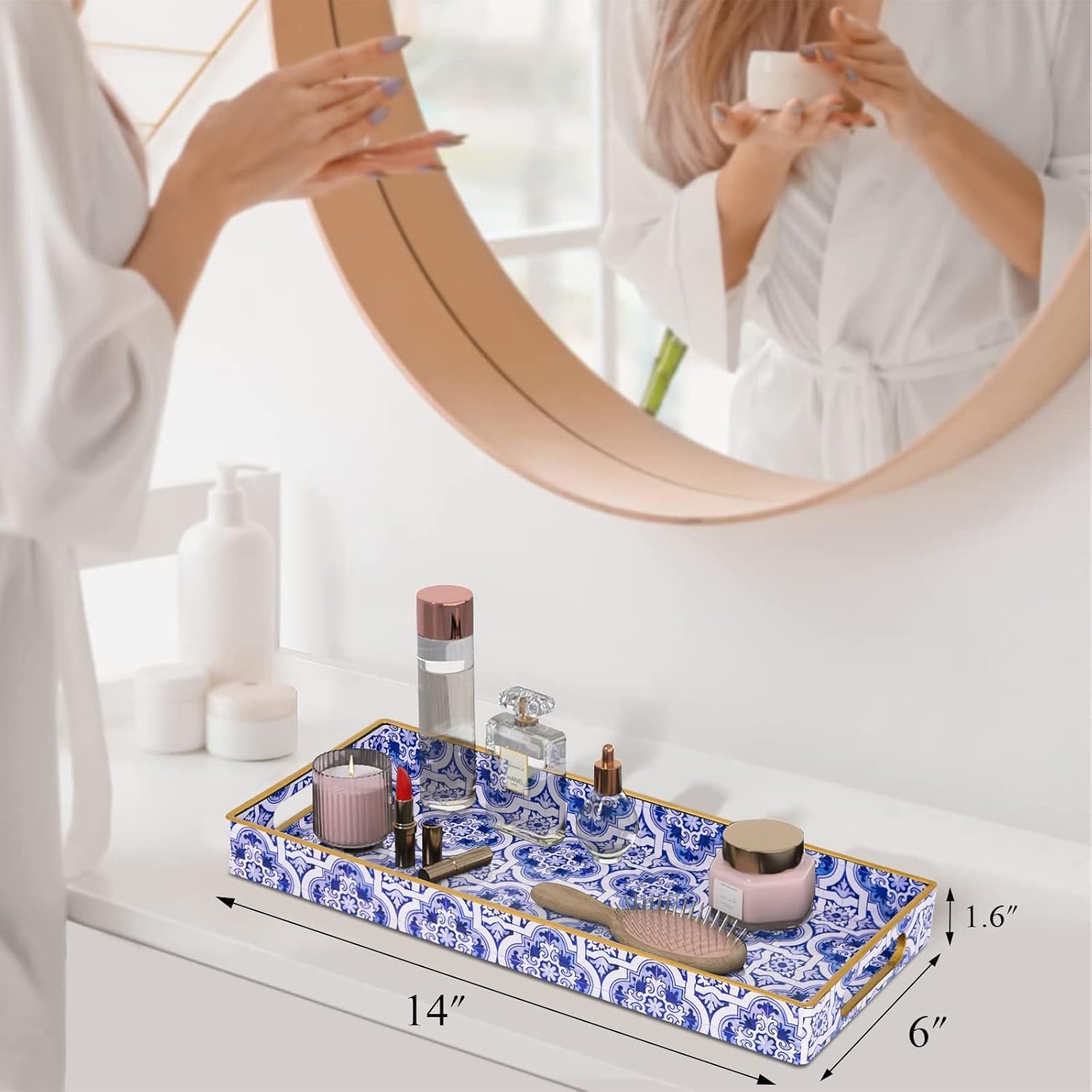 Maoname Blue Decorative Tray, Plastic Vanity Tray With Handles, Rectangular Moroccan Tray, Long Narrow Tray For Bathroom, 13.8''