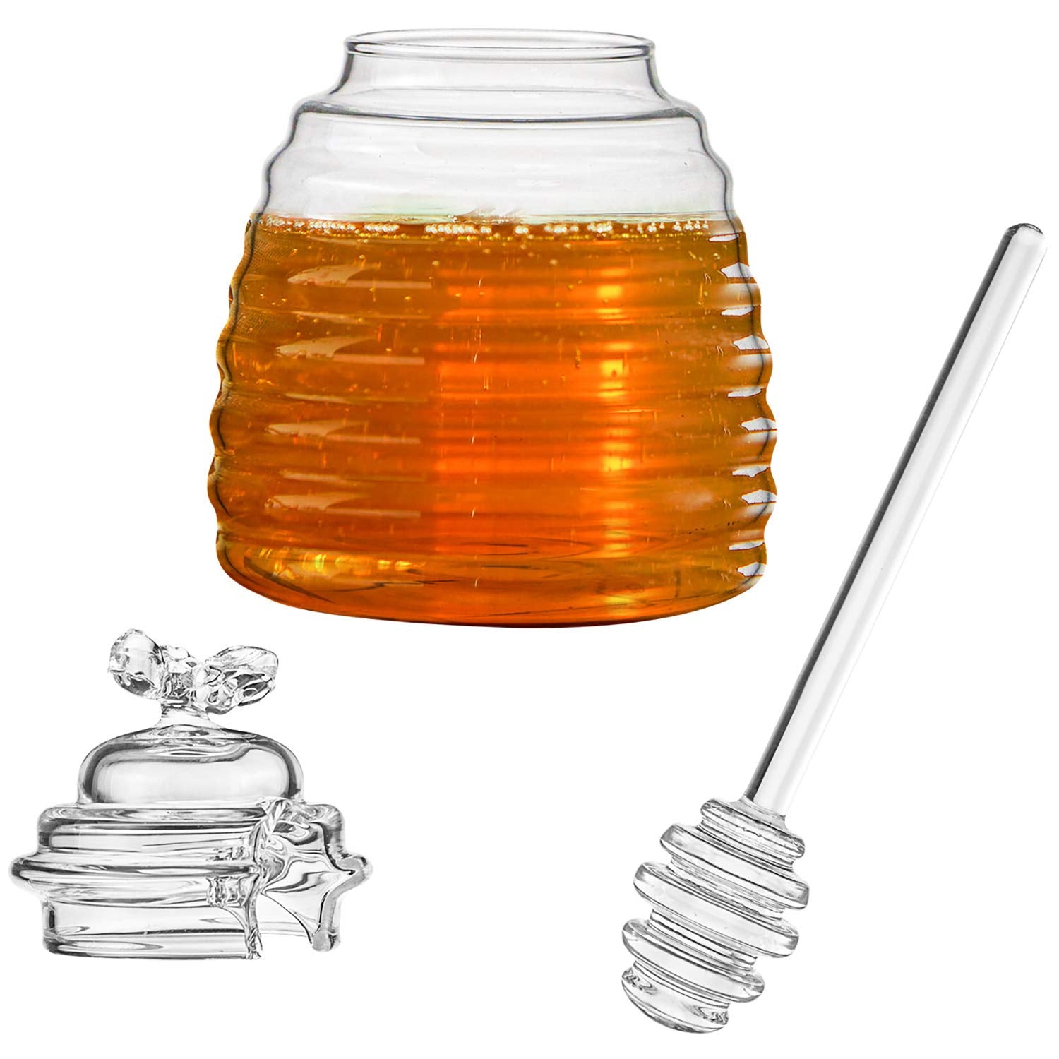 Hedume Honey Jar With Dipper And Lid, Honey Bee Pot, 17Oz Glass Beehive Honey Pot For Home Kitchen
