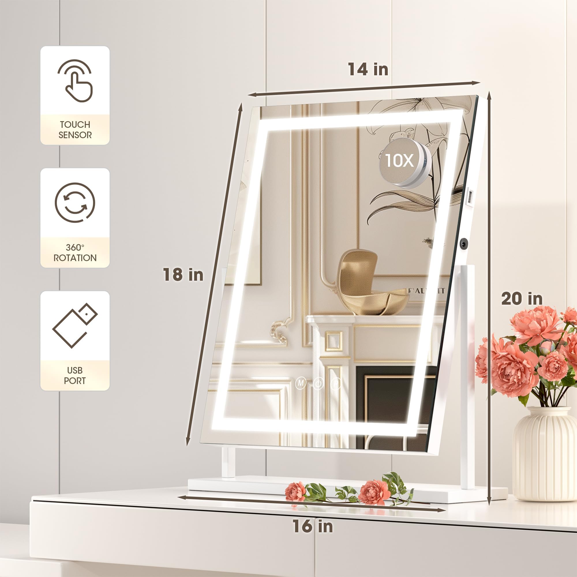 Hasipu Makeup Mirror With Lights And Bluetooth Speaker,With 10X Magnifying Glass 14'' X 18'' Vanity Mirror With Smart Touch 3 Co