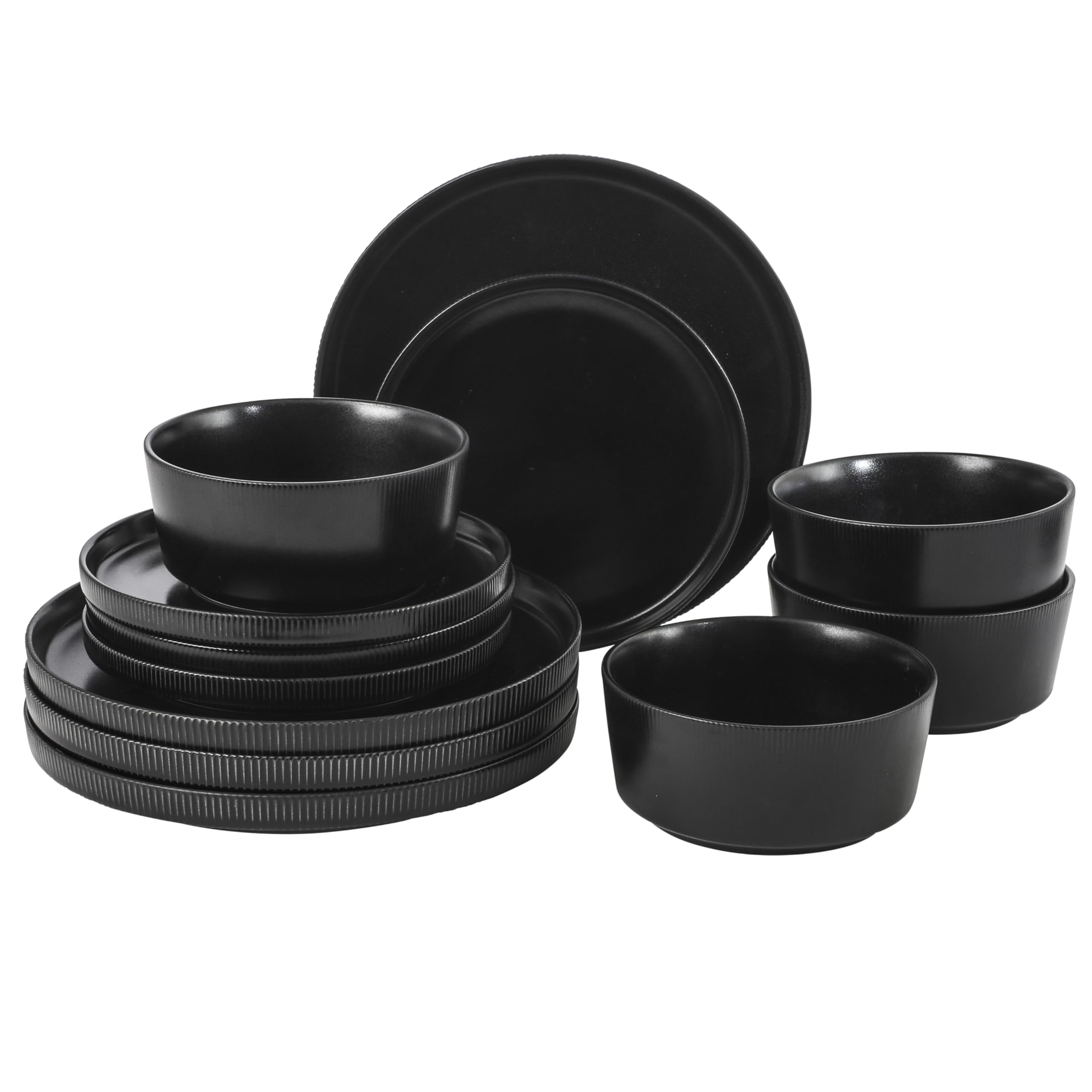 Gibson Home Dempsey Road 12-Piece Stoneware Dinnerware Set - Service for 4, Round Black Plates and Bowls, Durable Solid Color Mo
