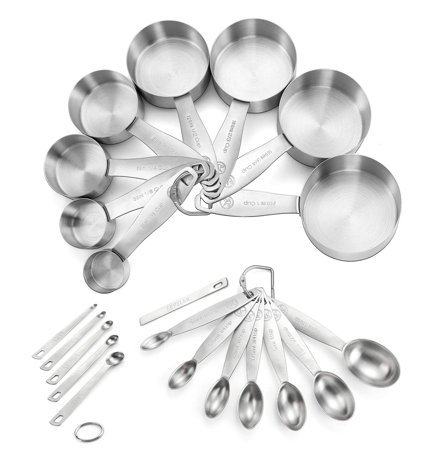 Measuring Cups And Spoons Set Of 21 Piece In 18/8 Stainless Steel, Heavy Duty 8 Measuring Cups, 7 Measuring Spoons, 1 Leveler &