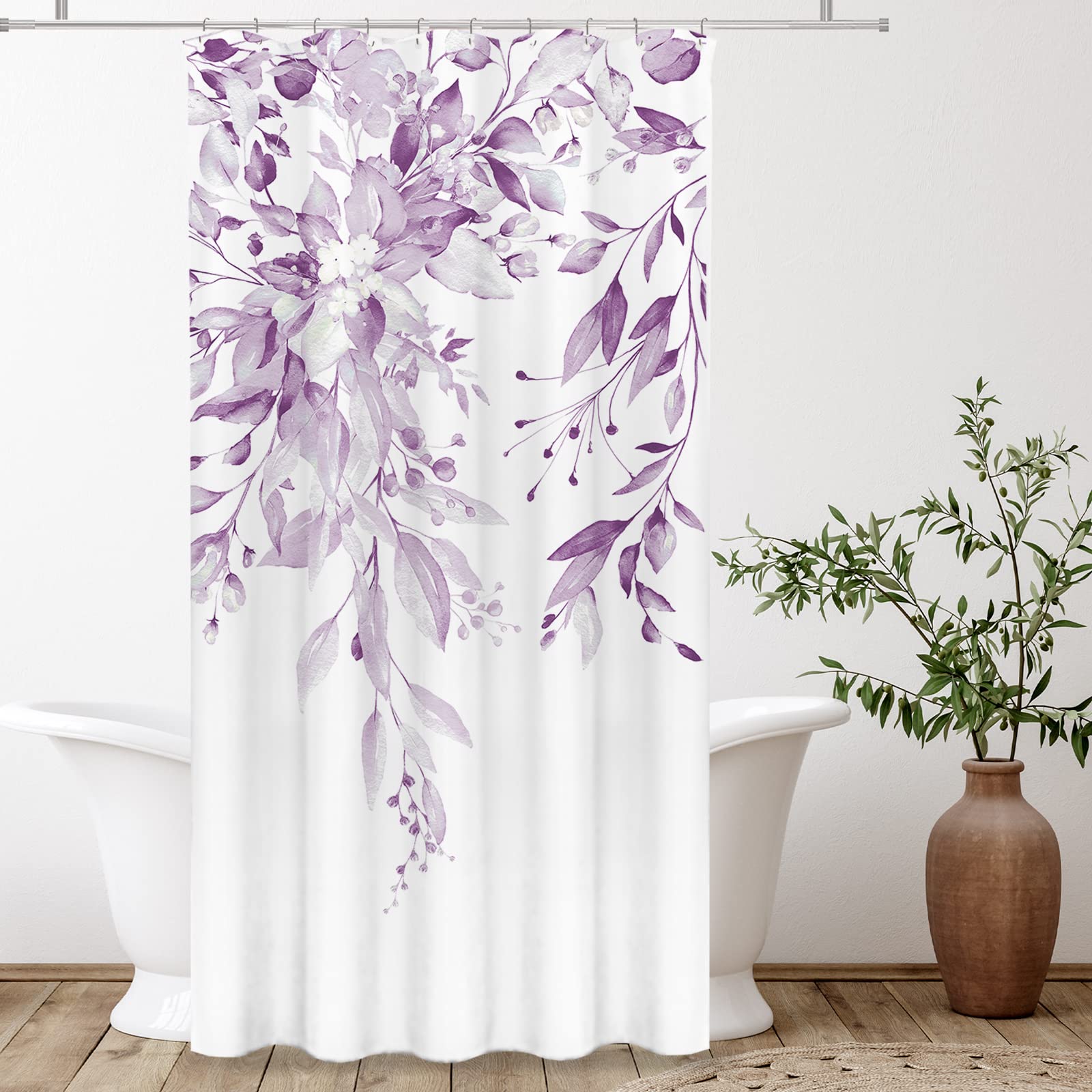 Tititex Lilac Light Purple Eucalyptus Shower Curtain Sets, Watercolor Leaves On The Top Plant With Floral Bathroom Decoration 36