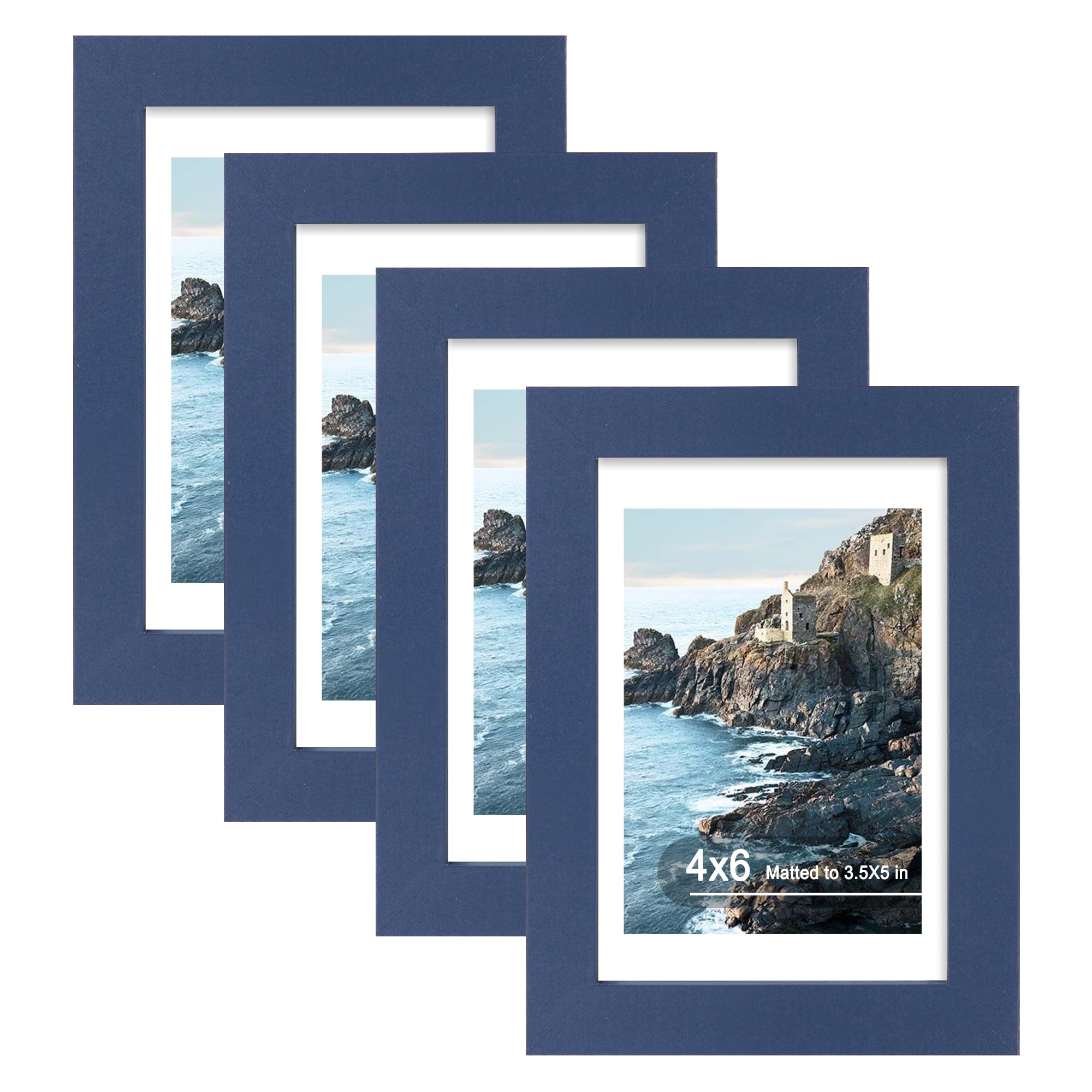 Hongkee 4x6 Picture Frame (4 Pack, Blue), Made of Real Glass and Wooden Frame - Display Pictures 3.5x5 with Mat or 4x6 Without M
