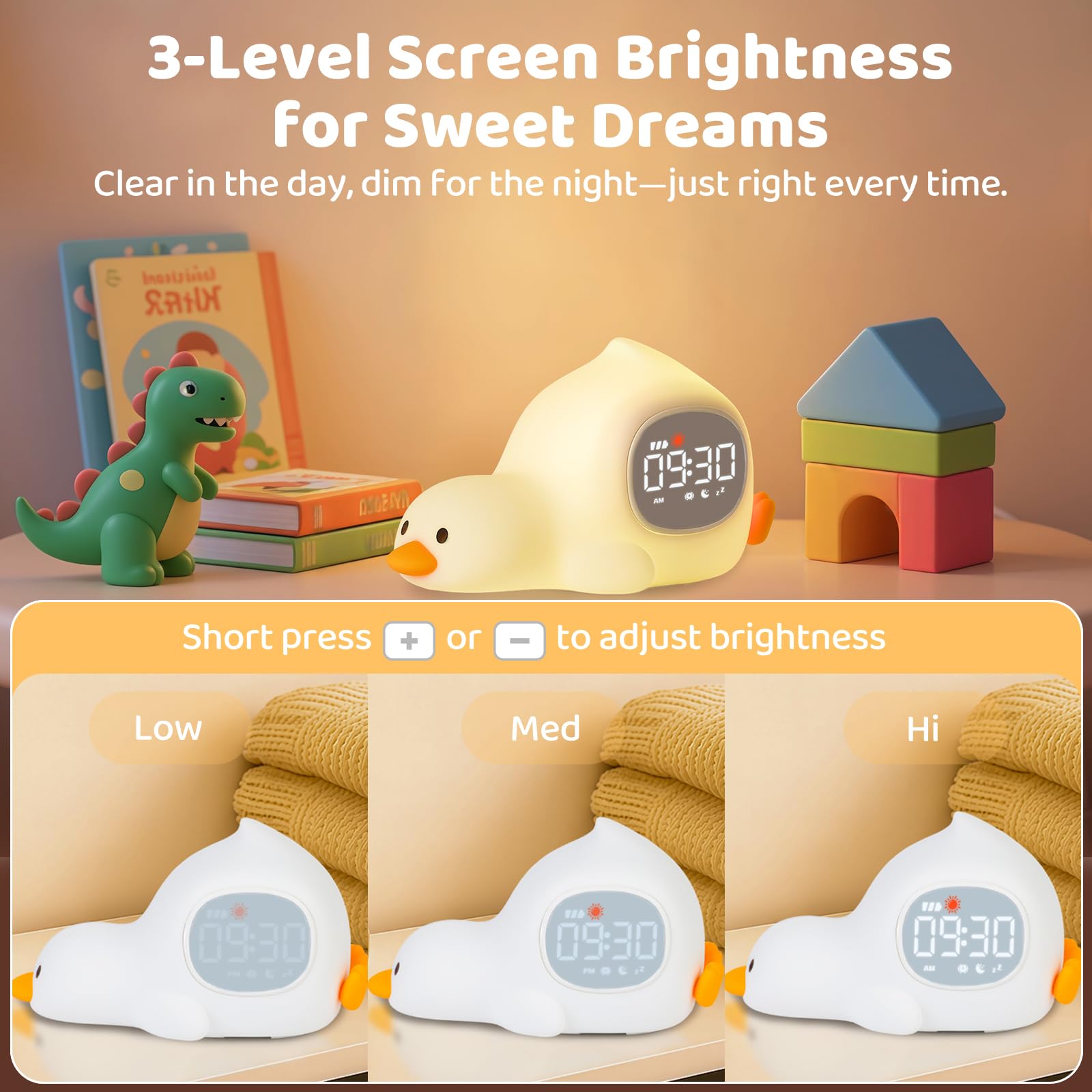 Aokpsrt Laying Duck Alarm Clock with Night Light, Sleep Training Sound Machine, Rechargeable Silicone Lamp, White