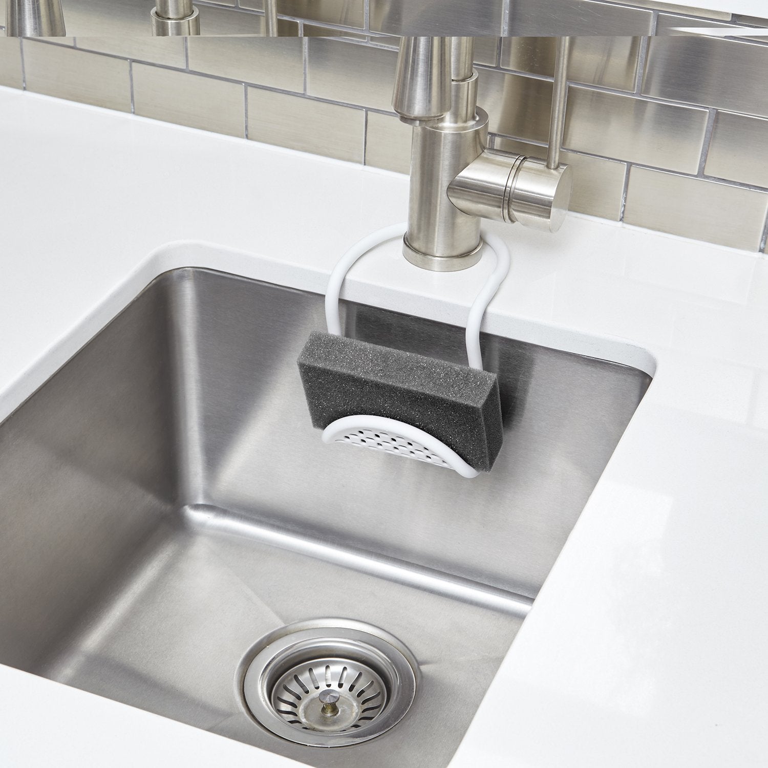 Umbra Sling Kitchen Sink Caddy Sponge Holder, Hangs Over Faucet or Divider, Single, White