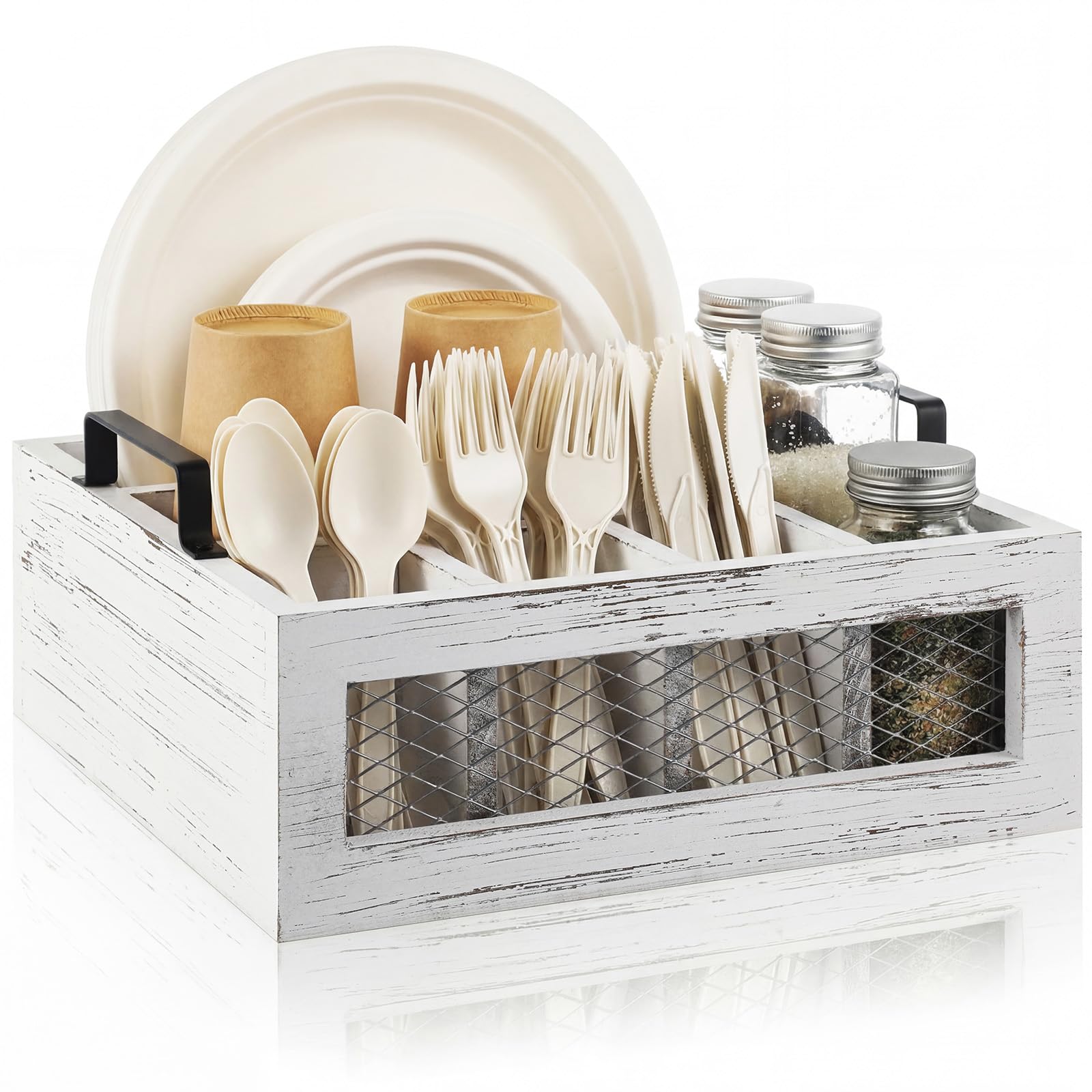 Mimorou Farmhouse Wooden Napkin Paper Plate and Utensil Holder Caddy Kitchen Utensil Holder Farmhouse Rustic Cutlery Flatware Or